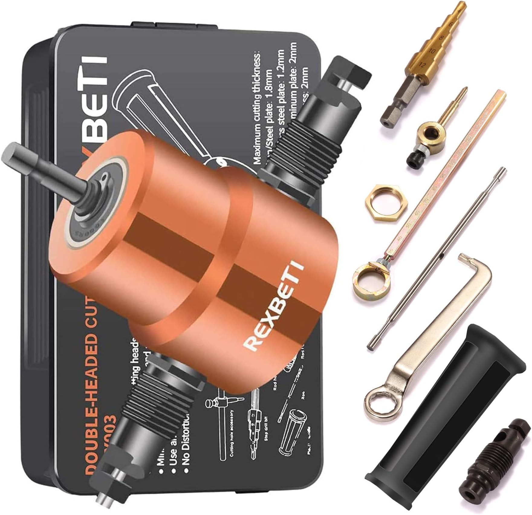REXBETI Double Headed Sheet Metal Nibbler, Drill Attachment Metal Cutter with Extra Punch and Die, 1 Cutting Hole Accessory and 1 Step Drill Bit, Perfect for Straight Curve and Circle Cutting (Gold)