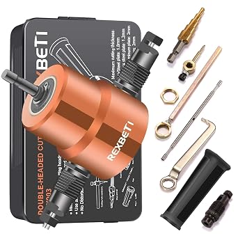 REXBETI Double Headed Sheet Metal Nibbler, Drill Attachment Metal Cutter with Extra Punch and Die, 1 Cutting Hole Accessory and 1 Step Drill Bit, Perfect for Straight Curve and Circle Cutting Gold