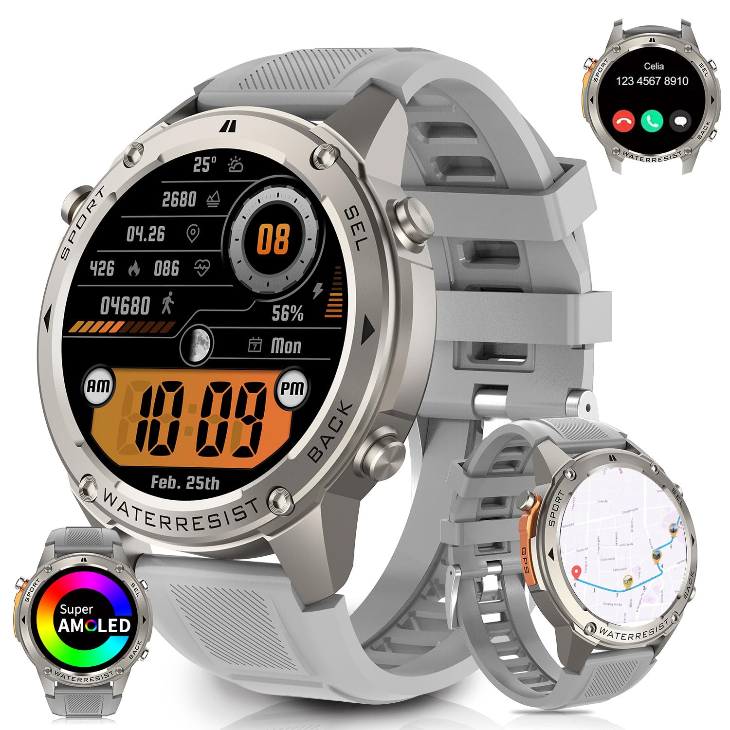 AIEK GPS Montre Connectée Homme, 5ATM Étanche, 1,43" AMOLED Écran Smartwatch, Appel Bluetooth, 500mAh, Boussole Baromètre Altimètre, 170+ Mode Sport Fitness Tracker pour Android iOS (Argent)