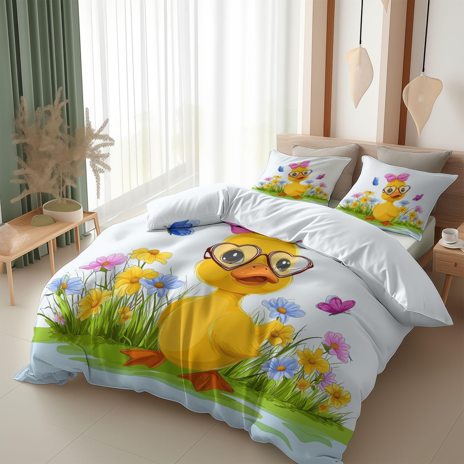 Housse de couette 260x240 motif canard en blanc avec fermeture éclair pratique