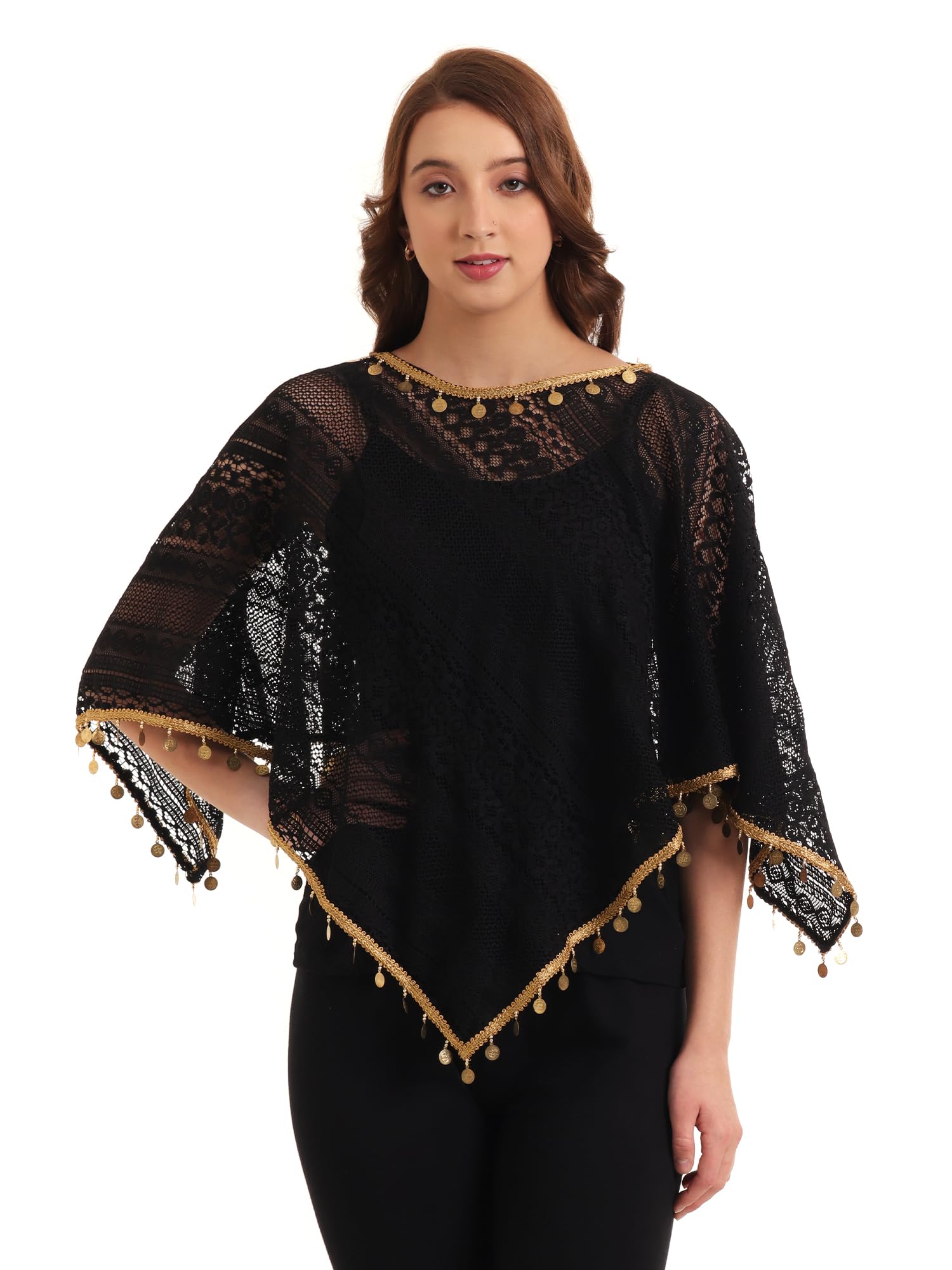 Women's Net Poncho, V-Neck Cape with Lace Embroidery, Sleeveless, Pink-image-45