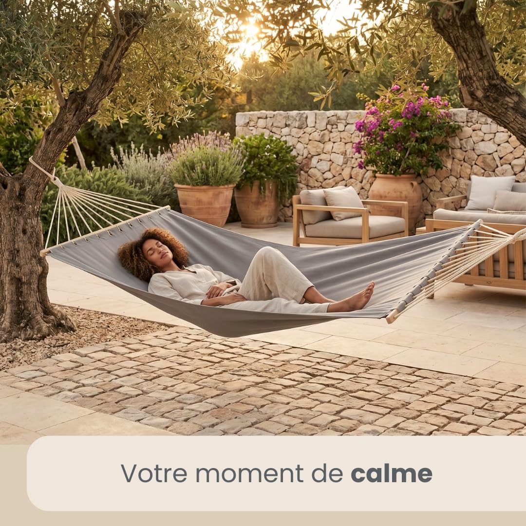 AMANKA XXL Hamac à Barre d'Écartement 200x120 cm Gris - Double Détente 2 Personnes 150kg - Coton Robuste Extérieur & Intérieur - Balcon Jardin Terrasse Camping - 100% Respirant Tissu Souple Agréable
