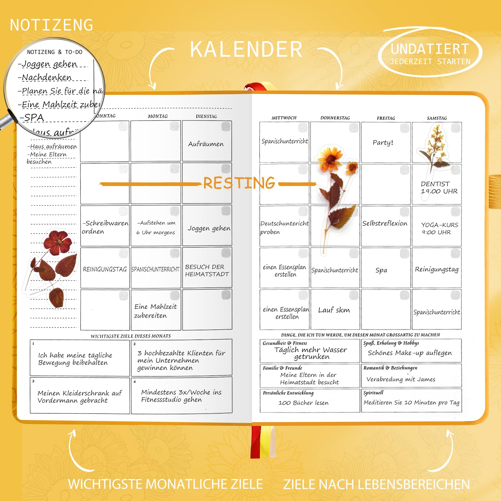 Undatierter, luxuriöser Wochen- und Monatsplaner (gelb)