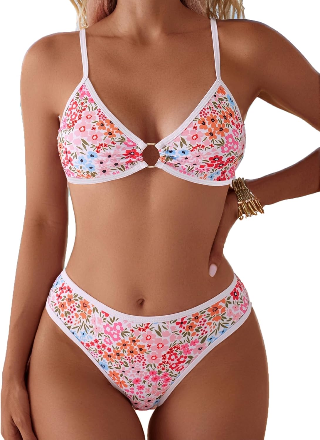 Fanuerg Women's Triangle Bikini Sets O Ring Linked Two Piece Swimsuits Floral Printed Cheeky Bathing Suit