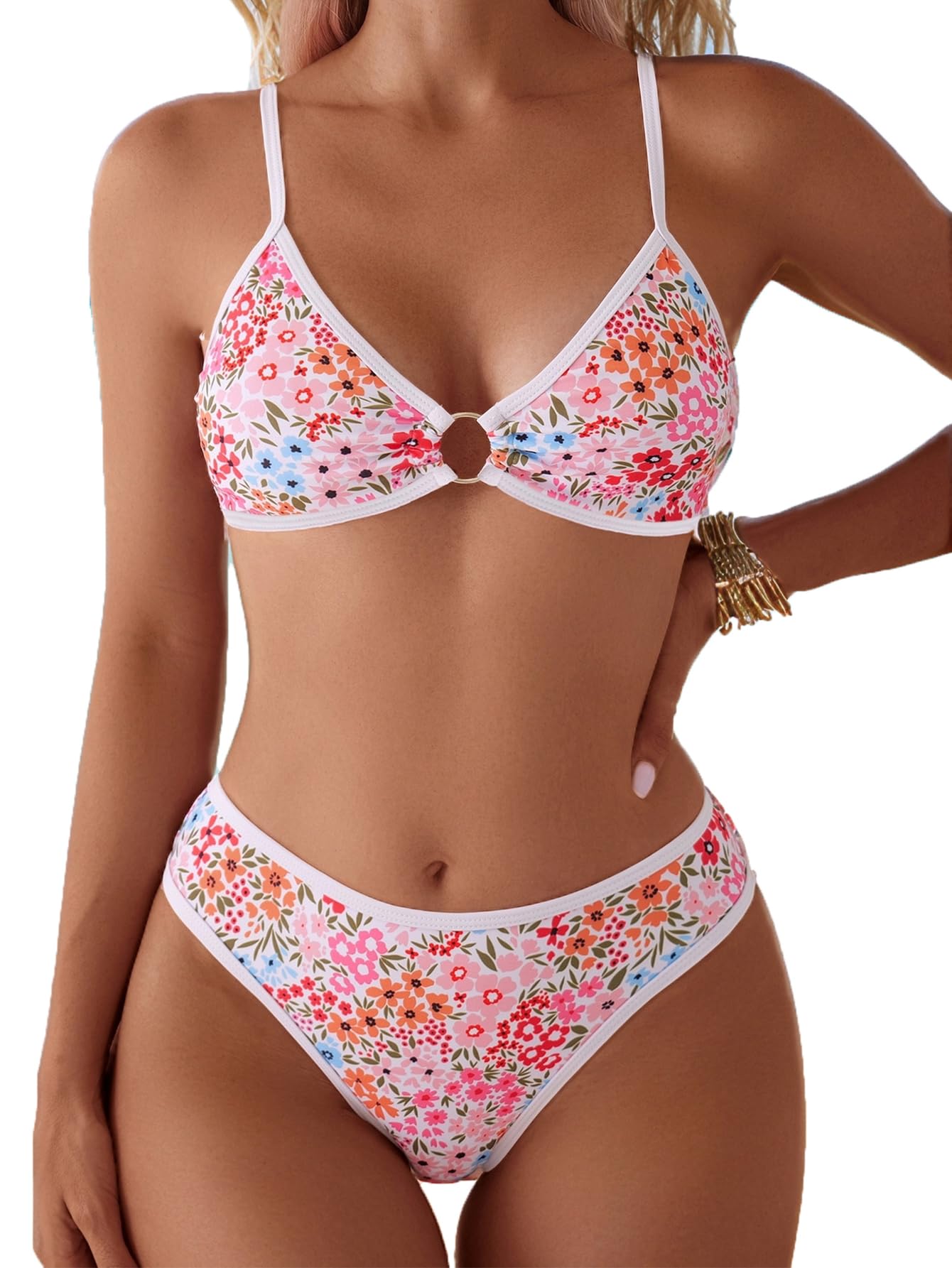 Fanuerg Womens Triangle Bikini Sets O Ring Linked Two Piece Swimsuits Floral Printed Cheeky Bathing Suit