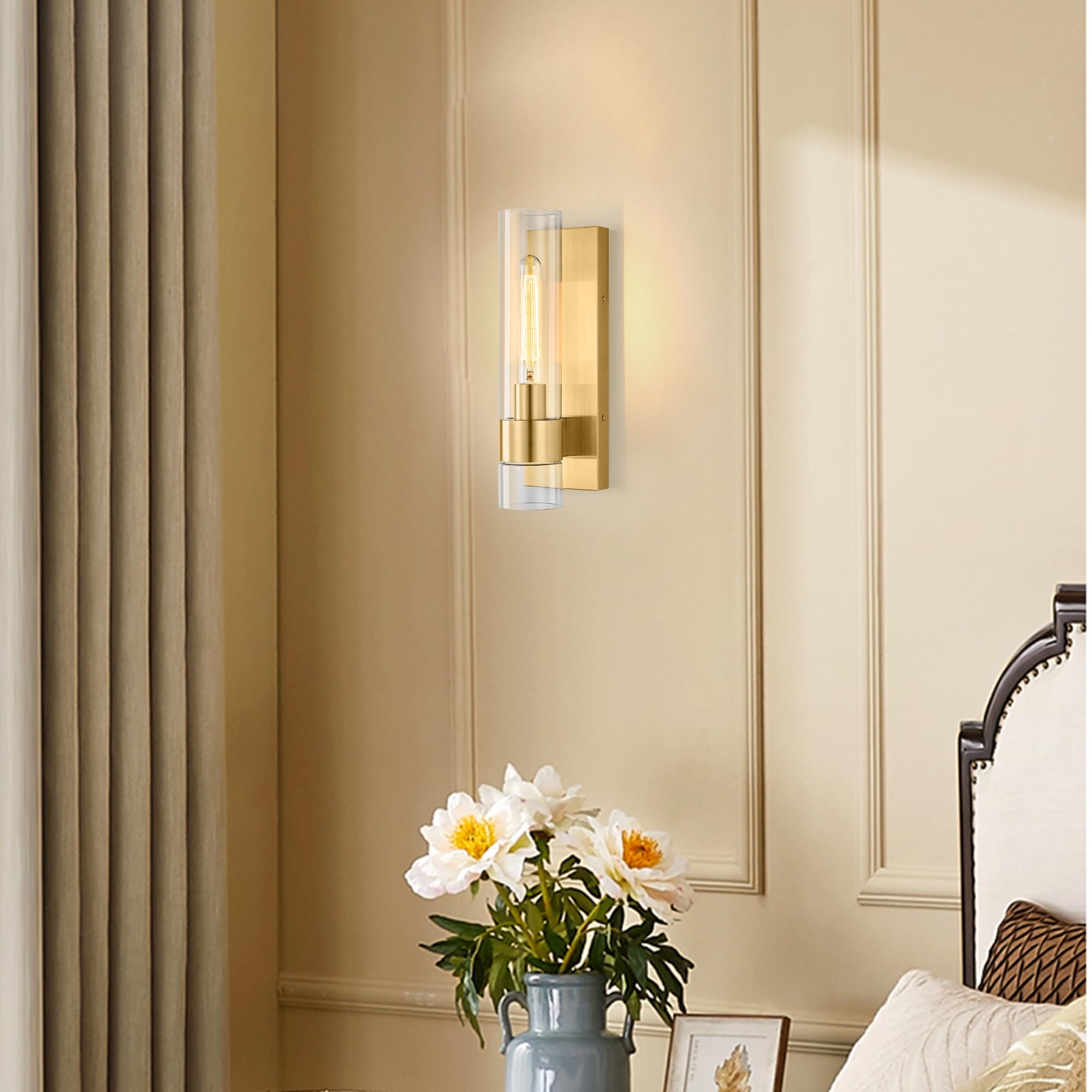 Juego de 2 apliques de pared dorados, modernos apliques de baño, iluminación de pared con vidrio transparente, apliques de baño, juego de 2, apliques de pared interiores para baño, sala de 7