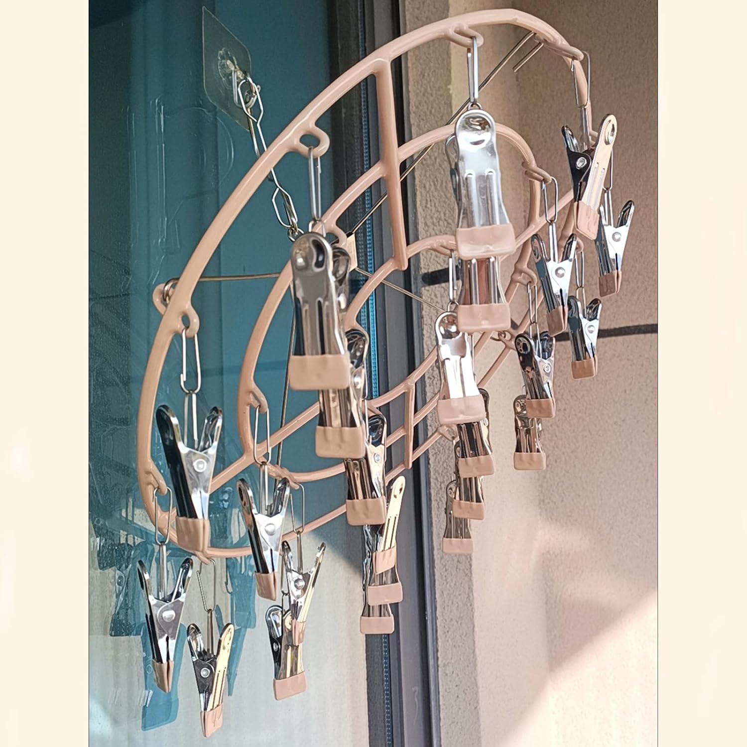 Stainless Steel Coat Sock Drying Rack with 24 Clips, Swivel Hook Windproof Clothes Hanger Rack for Sock Bras Towel Underwear Hat Scarf Gloves Pants Laundry Clothes (Apricot Color Clips)