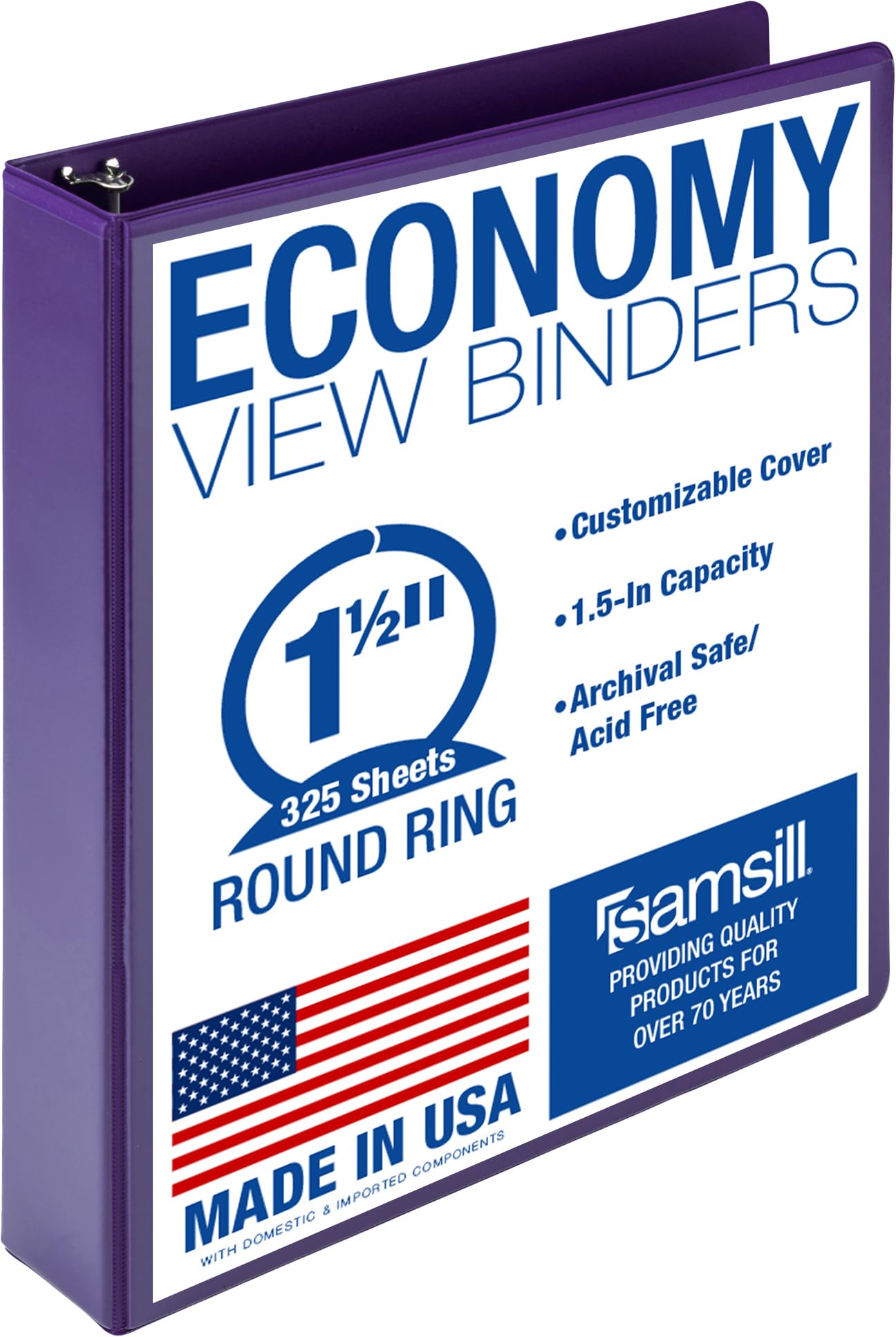 Samsill Raccoglitore a 3 anelli da 3,8 cm, prodotto negli Stati Uniti, con anello rotondo economico, copertina trasparente, capacità 325 fogli, per scuola, casa, ufficio, viola