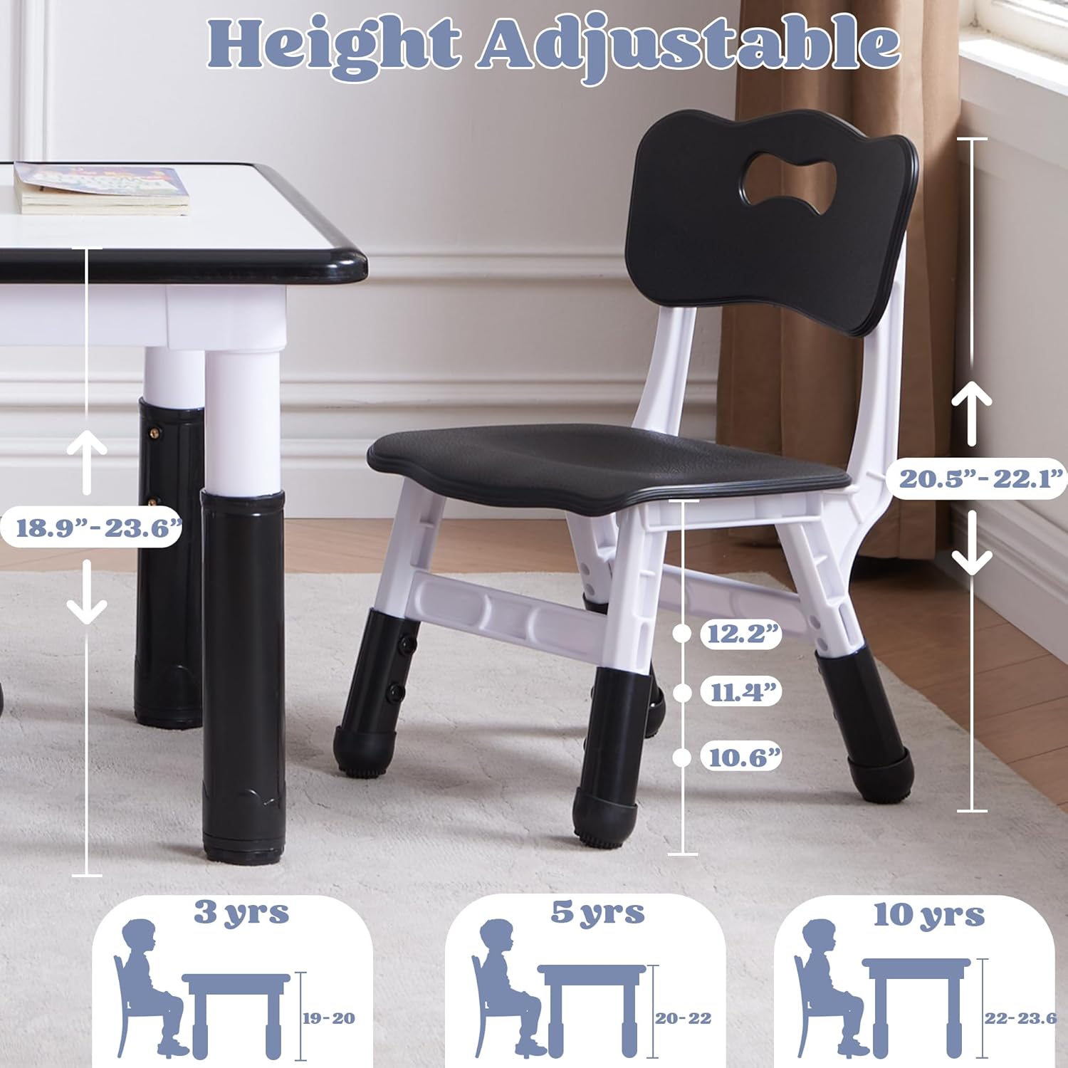 Kids Table and 4 Chairs Set, Height Adjustable Toddler Table and Chair Set, Toddler Desk with Graffiti Desktop & Non-Slip Legs, Children Activity Table for Daycare, Classroom (Black)