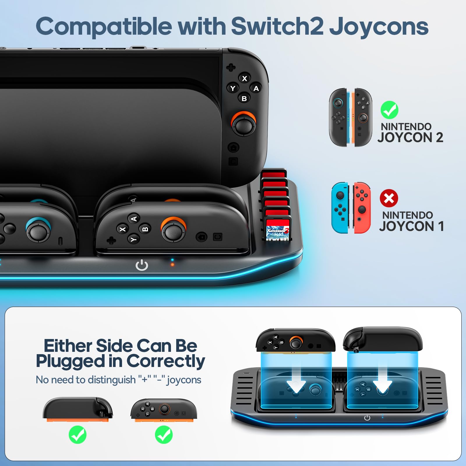 Stazione di Ricarica per Switch 2 per 4 Controller Joy-Con 2, Base per Nintendo Switch 2 può Contenere Dock TV Switch2 & 12 Cartucce di Gioco, Organizer per Accessori Switch2