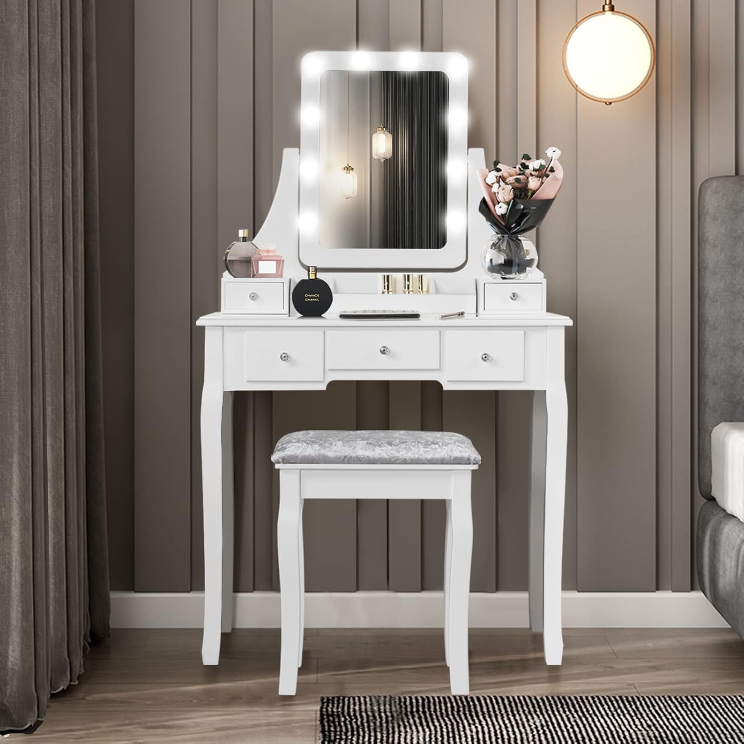 RELAX4LIFE Tocador de Maquillaje con Espejo Extraíble y Giratorio 360° y 10 Luces LED Regulables, Tocador Maquillaje con Taburete Acolchado, 5 Cajones, 3 Compartimentos y 2 Estantes (Blanco)