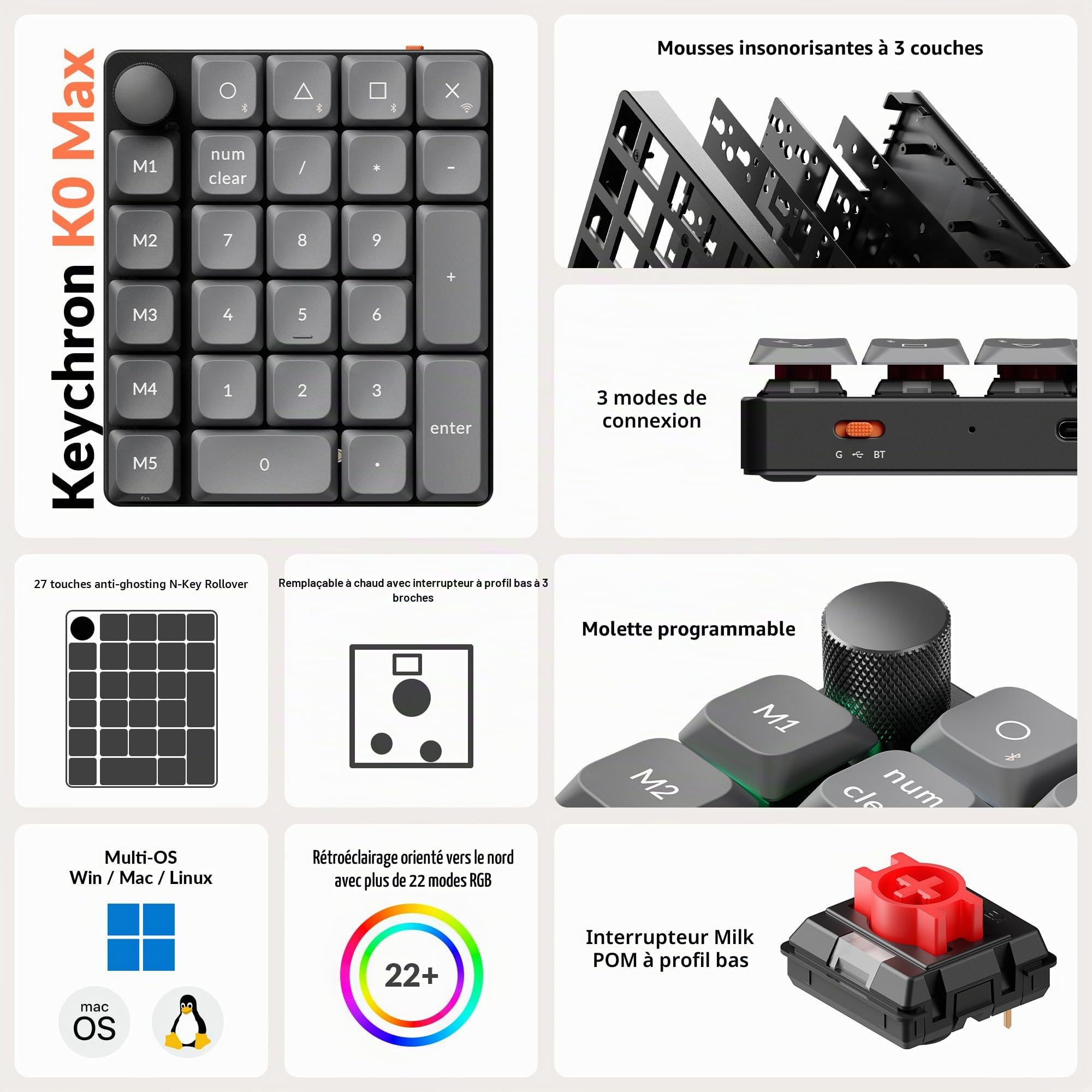 Keychron K0 Max Pavé Mumérique sans Fil Slim, 27 Touches, 1000 Hz Polling Rate, 2.4GHz/BT 5.3, QMK/Launcher,RGB, Interrupteur Rouge, Clavier Numérique Portable pour Ordinateur Portable, Tablette, PC