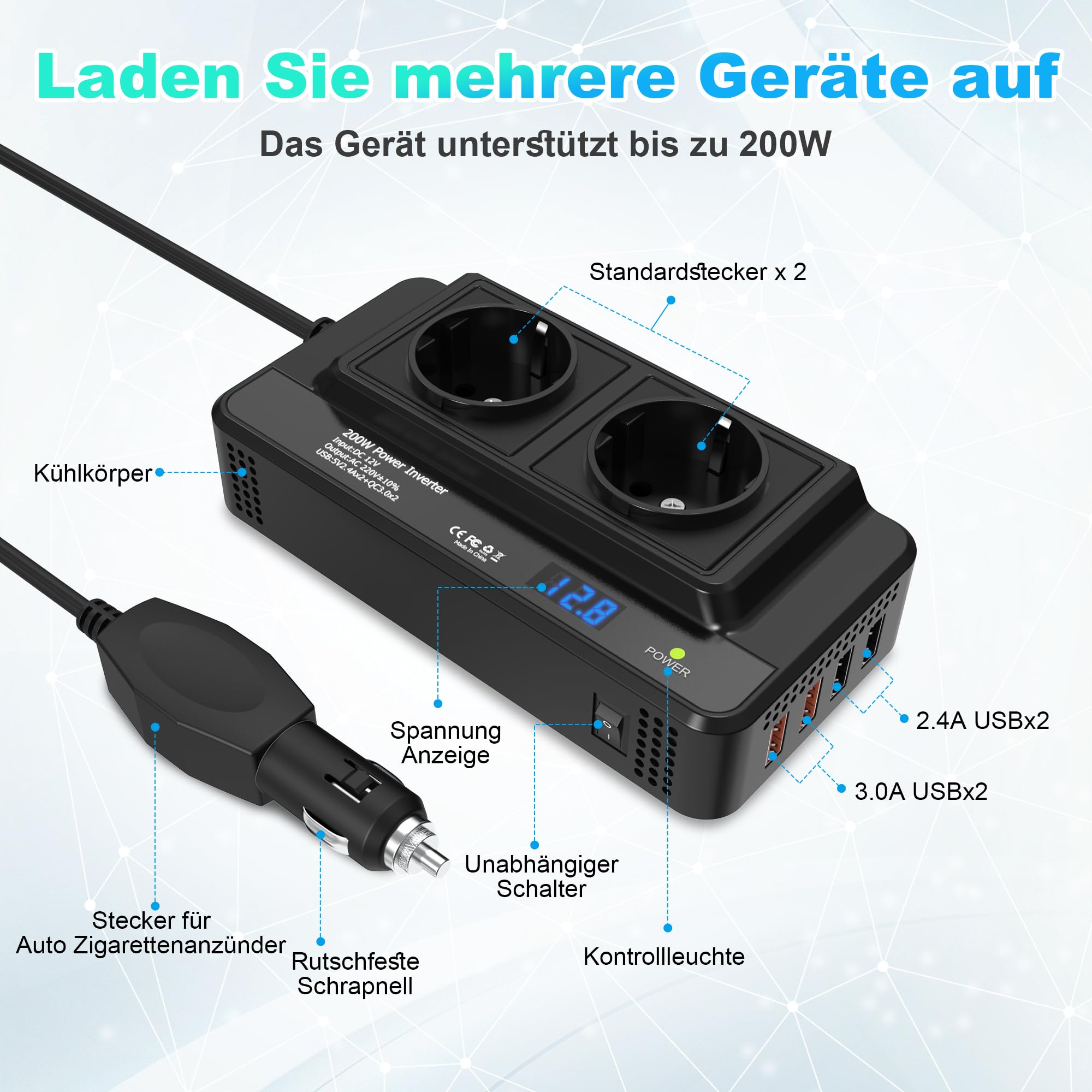 200W Auto Spannungswandler Wechselrichter DC 12V to AC 230V mit 2 Steckdosen und 4 USB Ports Schnelles Aufladen KFZ Ladegerät mit Zigarettenanzünderstecker für Geschaeftsfahrten und Urlaub