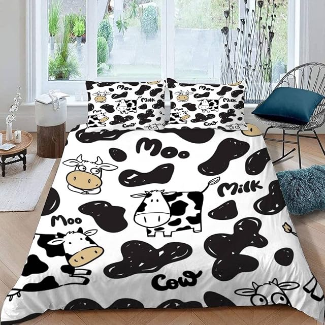 RFFLUX 3D Cows Single Duvet Cover Set 3 Pieces 135x200 Soft Microfiber Black And White Cow Print Quilt Cover with Zipper Closure Easy Care Bedding Set with 2 Pillowcase for Kids Boys Girls Teens