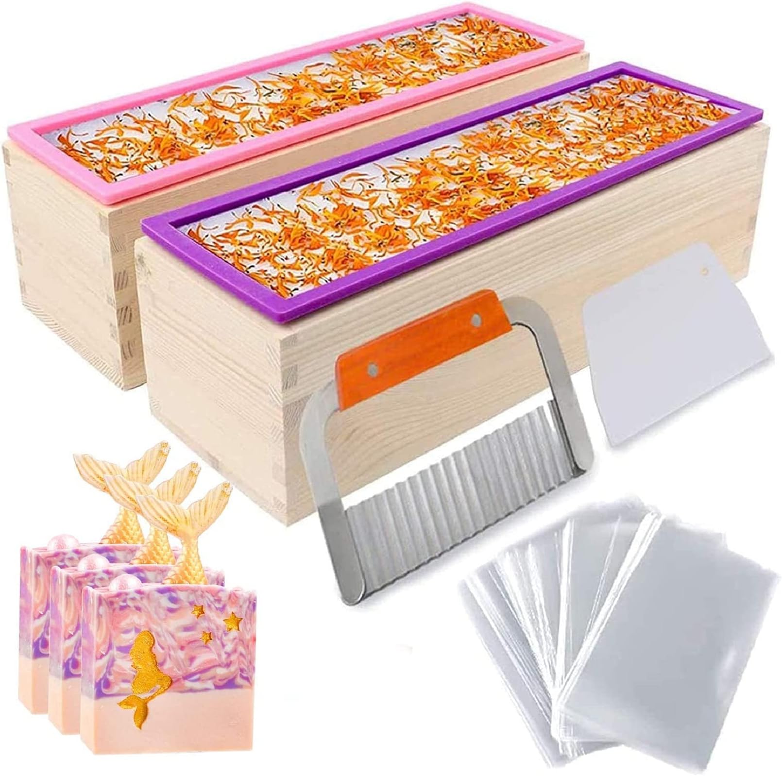 YGEOMER Silicone Soap Mold for Soap Making, Rectangular Loaf Soap Mold with Wooden Boxes, 2 Cutters and 100pcs Bags, 2pcs, 42oz