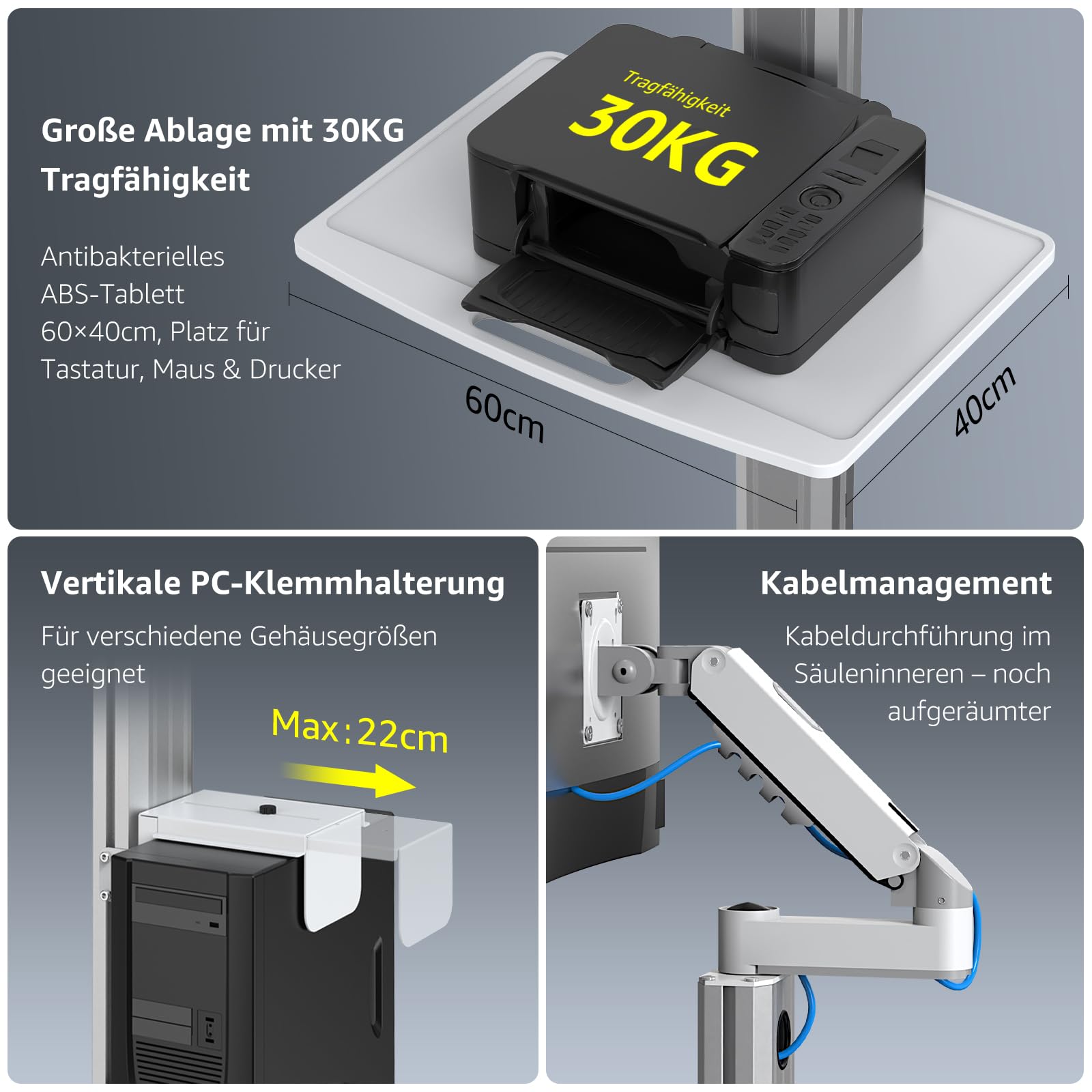 BEWISER Medizinischer Rollwagen Monitor Halterung Mobiles Podium, Mobiler Laptopwagen Robuste Basis, Computertisch Trolley für Zahnklinik, Krankenpflege,PC Workstation