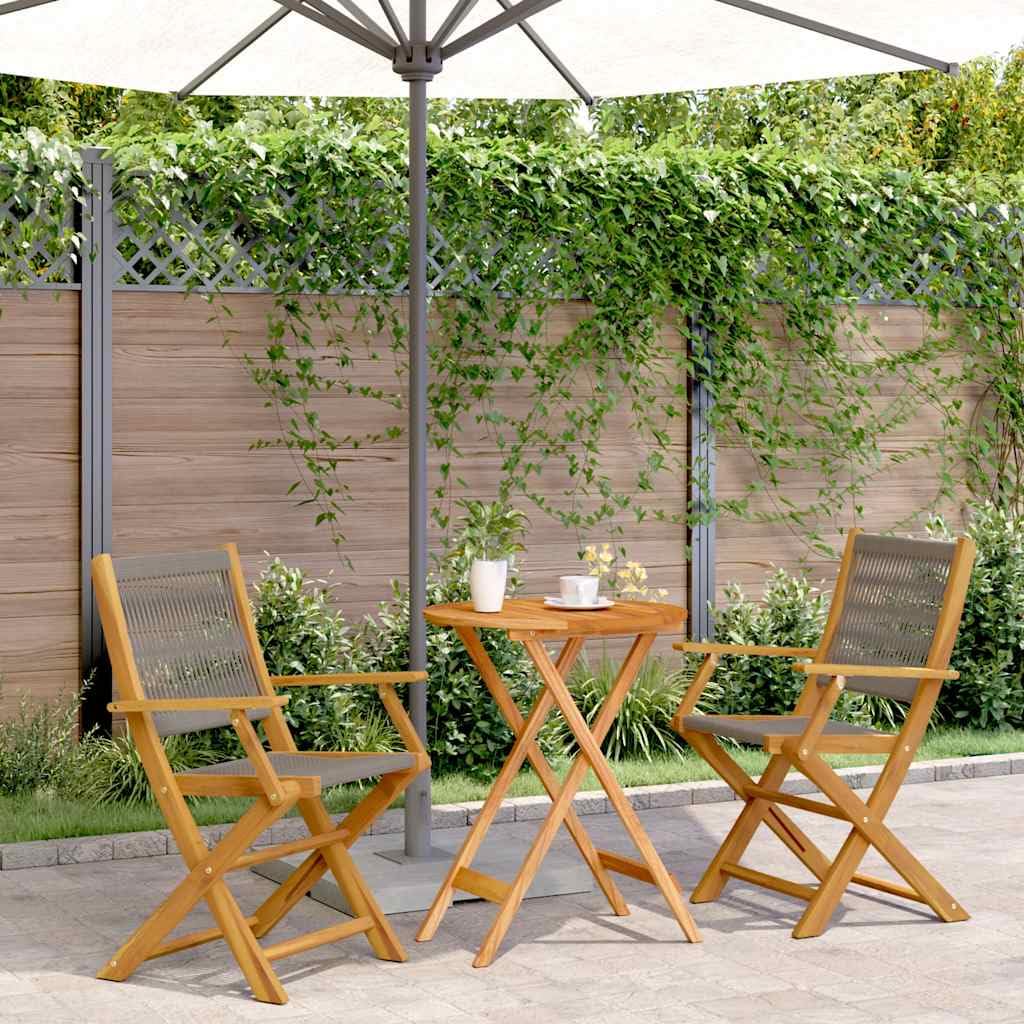 Set da 3 pezzi in legno di acacia massiccio pieghevole, in polipropilene grigio, per giardino, balcone, tavolo e 2 sedie con braccioli, fino a 110 kg per seduta