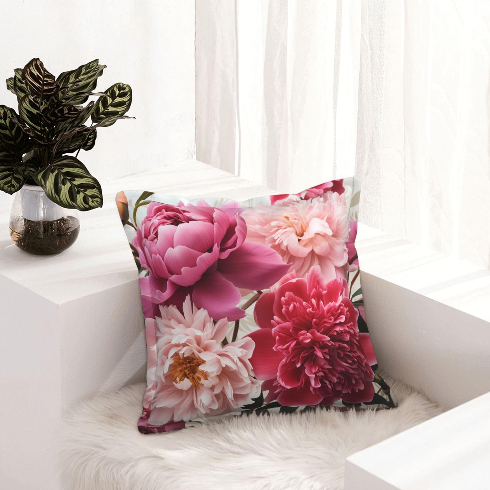 Housse de coussin moderne 45x45 rose motif botanique fleur décor rustique