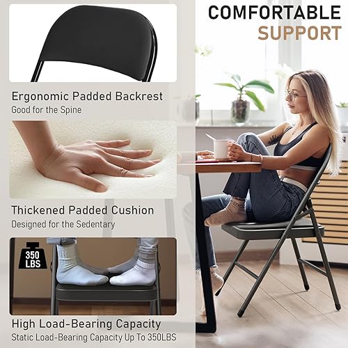 Miniatura 4 de Paquete de 4 sillas plegables negras con cojín acolchado y respaldo para exteriores, sillas plegables comerciales apilables portátiles con marco de