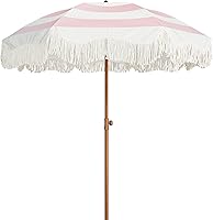 AMMSUN 6.5ft Boho Fringe Patio Umbrella with Tassels, UPF50+ UV Block, Steel Pole Push Button Tilt, Pink Stripes Outdoor Beach Shade
