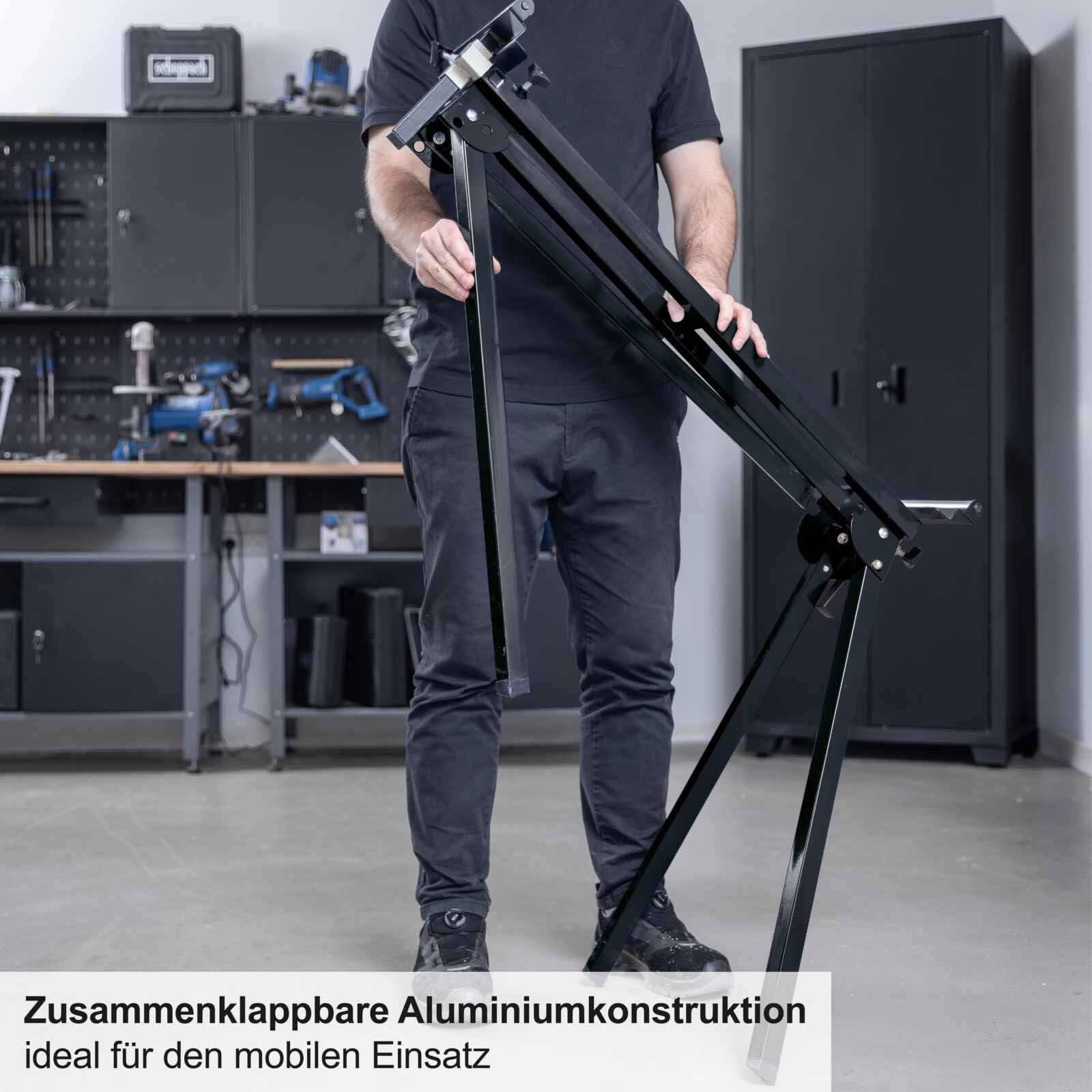 Scheppach Black Universal-Untergestell UUG1550-BE | Arbietshöhe 76,3 cm | Traglast 150 kg | Seitenverlängerung bis zu 194,5 cm | Auflagen höhenverstellbar bis 110mm