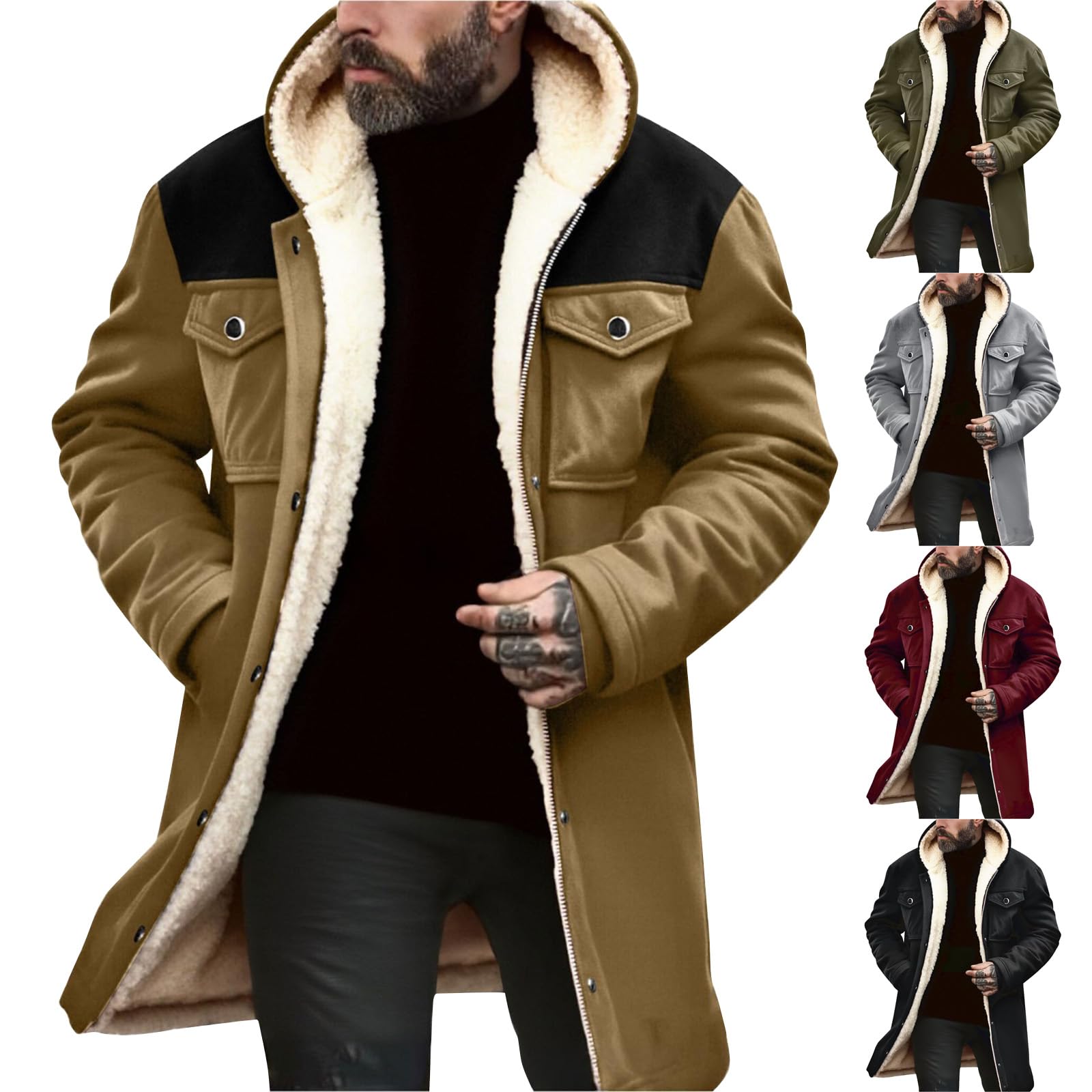SOOUICKER Mantel Herren Winter mit Kapuze Wintermantel Lang Warm Gefüttert Trenchcoat Fleece Mittellang Winterjacke Fell Vintage