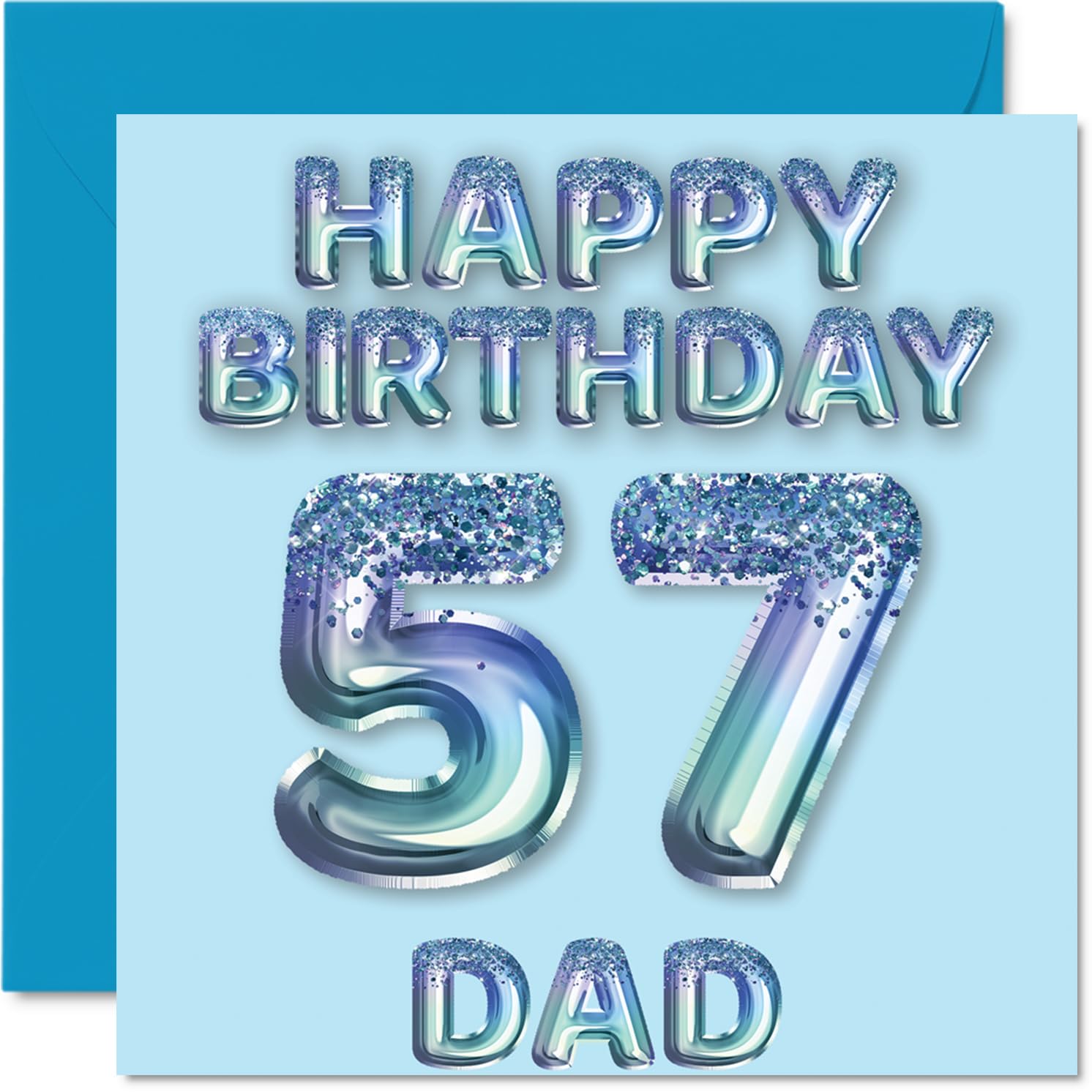 57th Birthday Card for Dad, Blue Glitter Party Balloons
