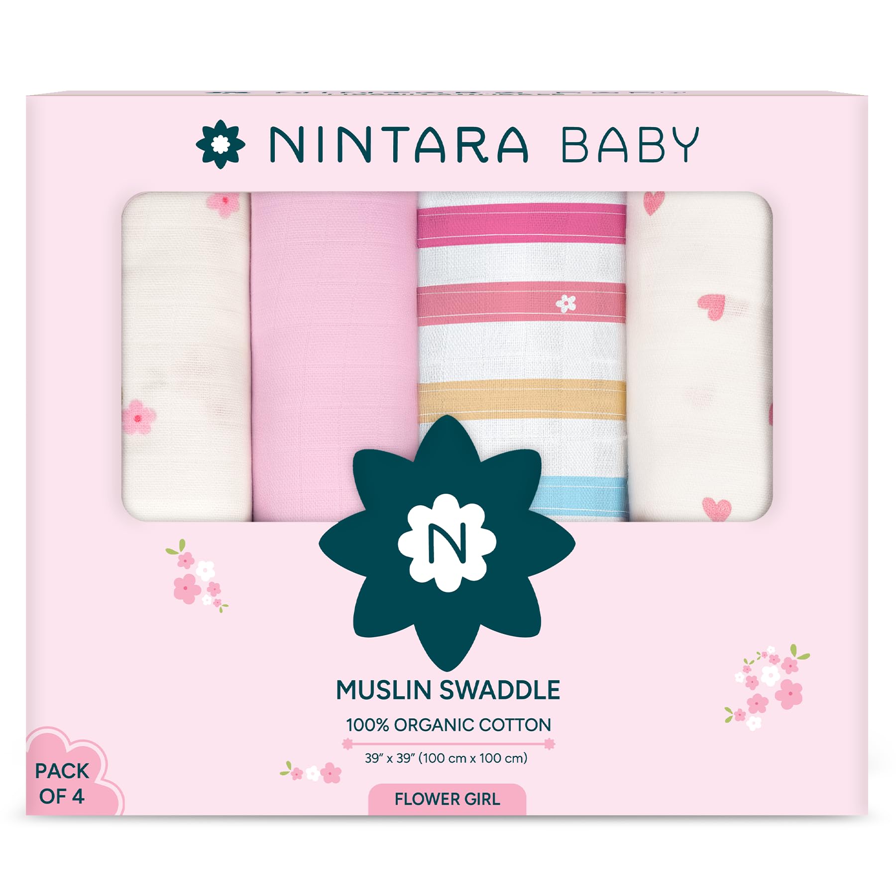 NINTARABABY Muslin Swaddle Blankets for Newborns Pack of 4, 100% Organic Cotton, Ultra-Soft & Breathable