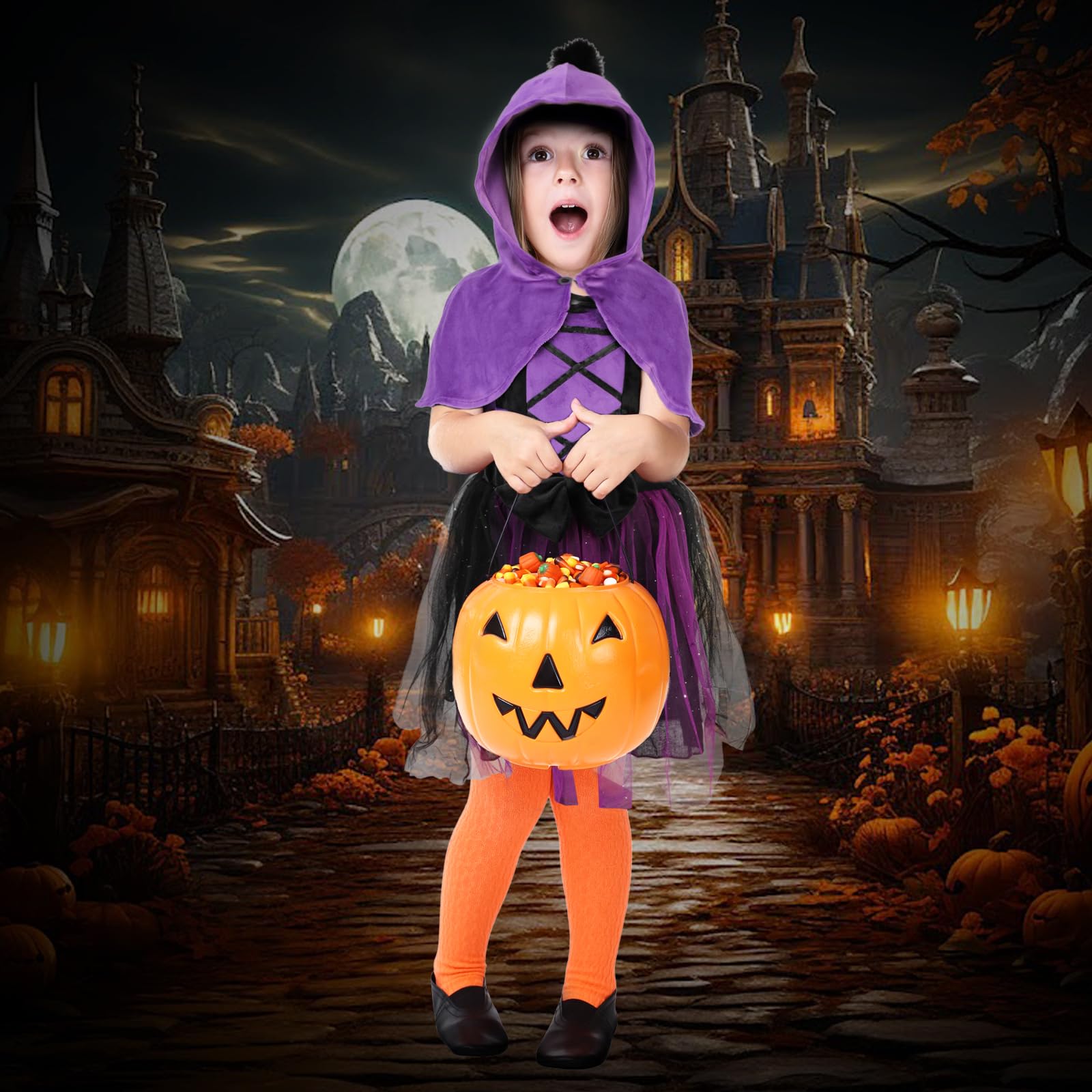 TAGVO Costume da Strega Halloween per Bambina, Ragazze Principessa Vestito Strega Viola Poncho Cappuccio Capo Paillettes Tulle Abiti serbatoio per bambini Halloween fantasia vestire per 1-6 anni