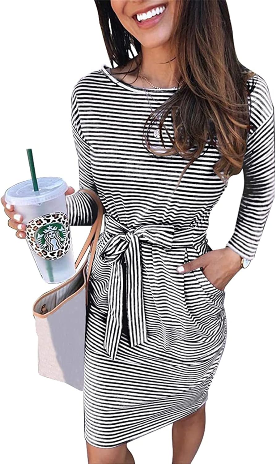 PRETTYGARDEN Women’s Fall Bodycon Party Dress Casual Long Sleeve Tie Waist Fitted Sheath Pencil Dresses with Pockets