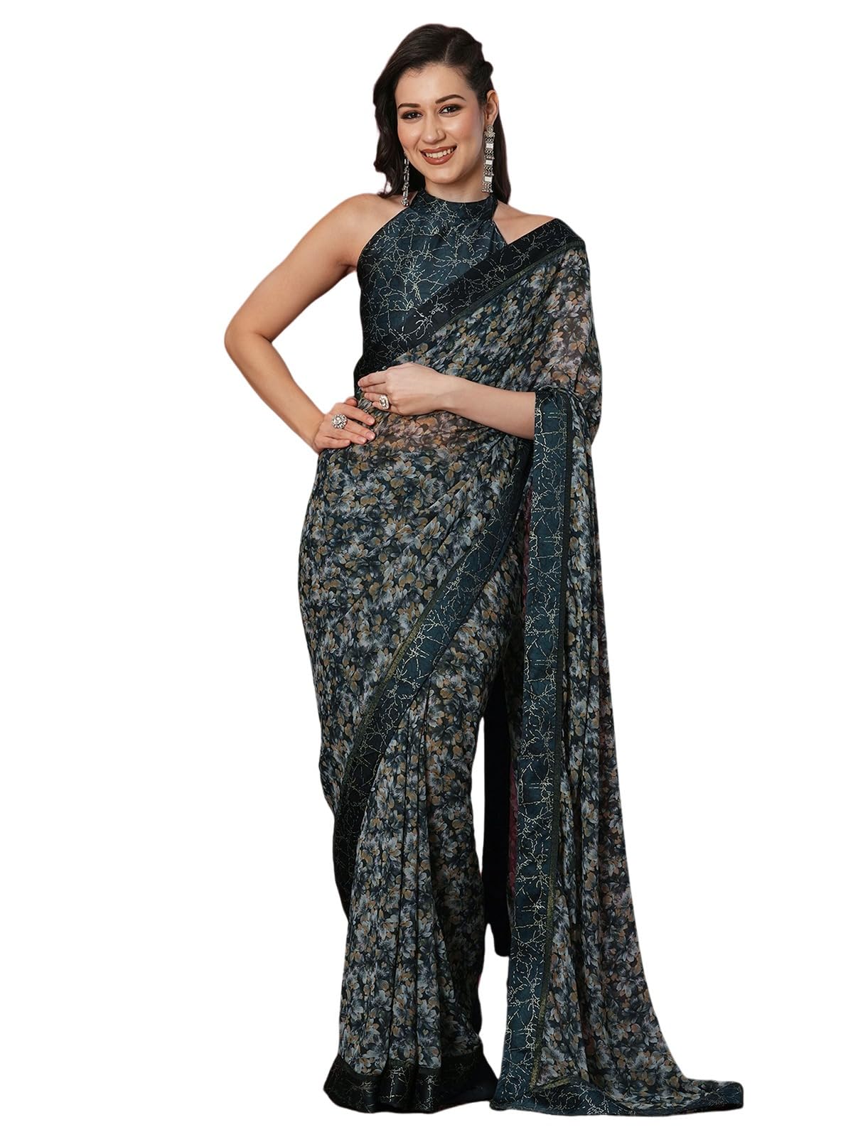 Satrani Women's Weight Georgette Floral Printed Saree With Unstitched Blouse Piece (4074S985N_Rama Green & Multi)