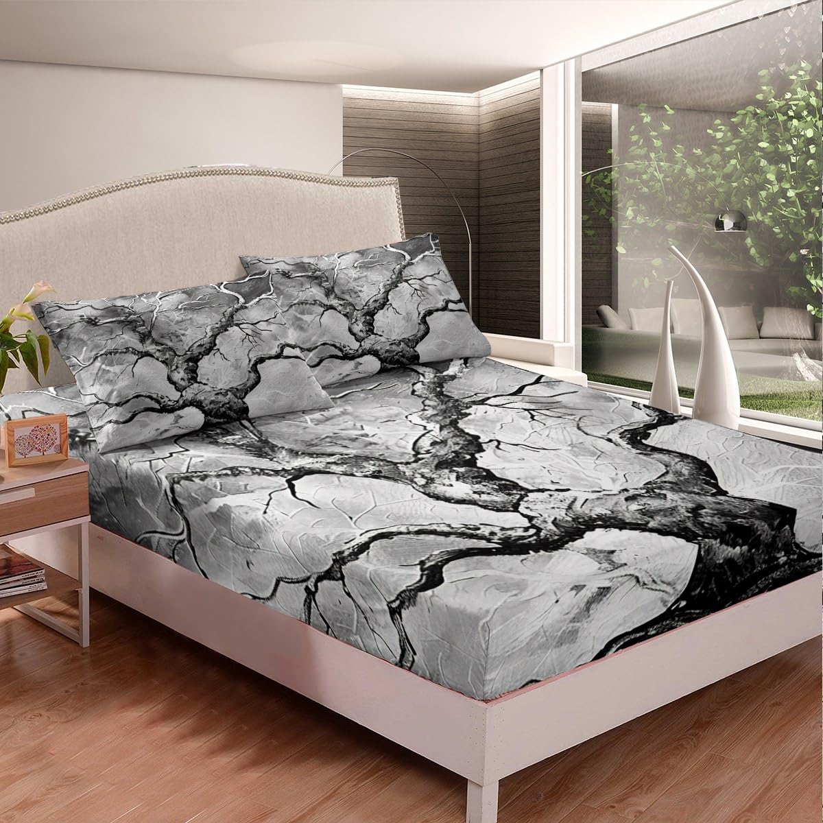Grey Tree Fitted Sheet,Full Size Modern Artwork Geometry Collections,Tree Branch Bedding Deep Pocket for Children Teens Young with 2 Pillowcases(No Flat Sheet)