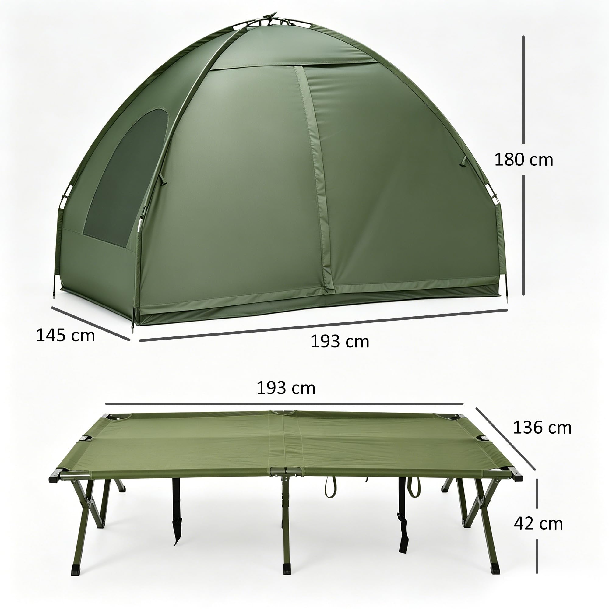 Outsunny Erhöhtes Campingbett und Zelt, Feldbett, Kuppelzelt mit Luftmatratze, inkl. Pumpe, TAFT, Grün, 193 x 136 x 178 cm