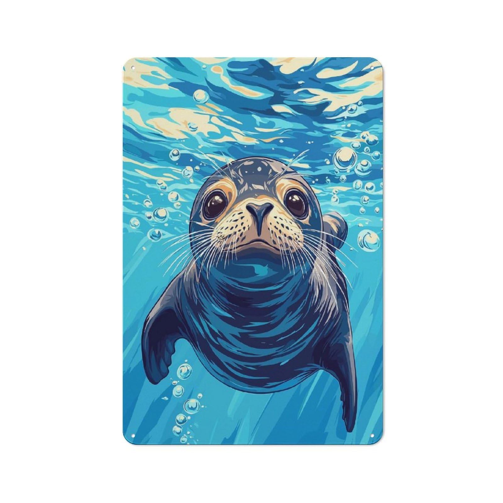Rustic Seal Underwater Illustration Tin Wall Plaque 30x20cm, Rustic Kitchen Decor for Cottage, Kitchen, Hallway Or Breakfast Nook