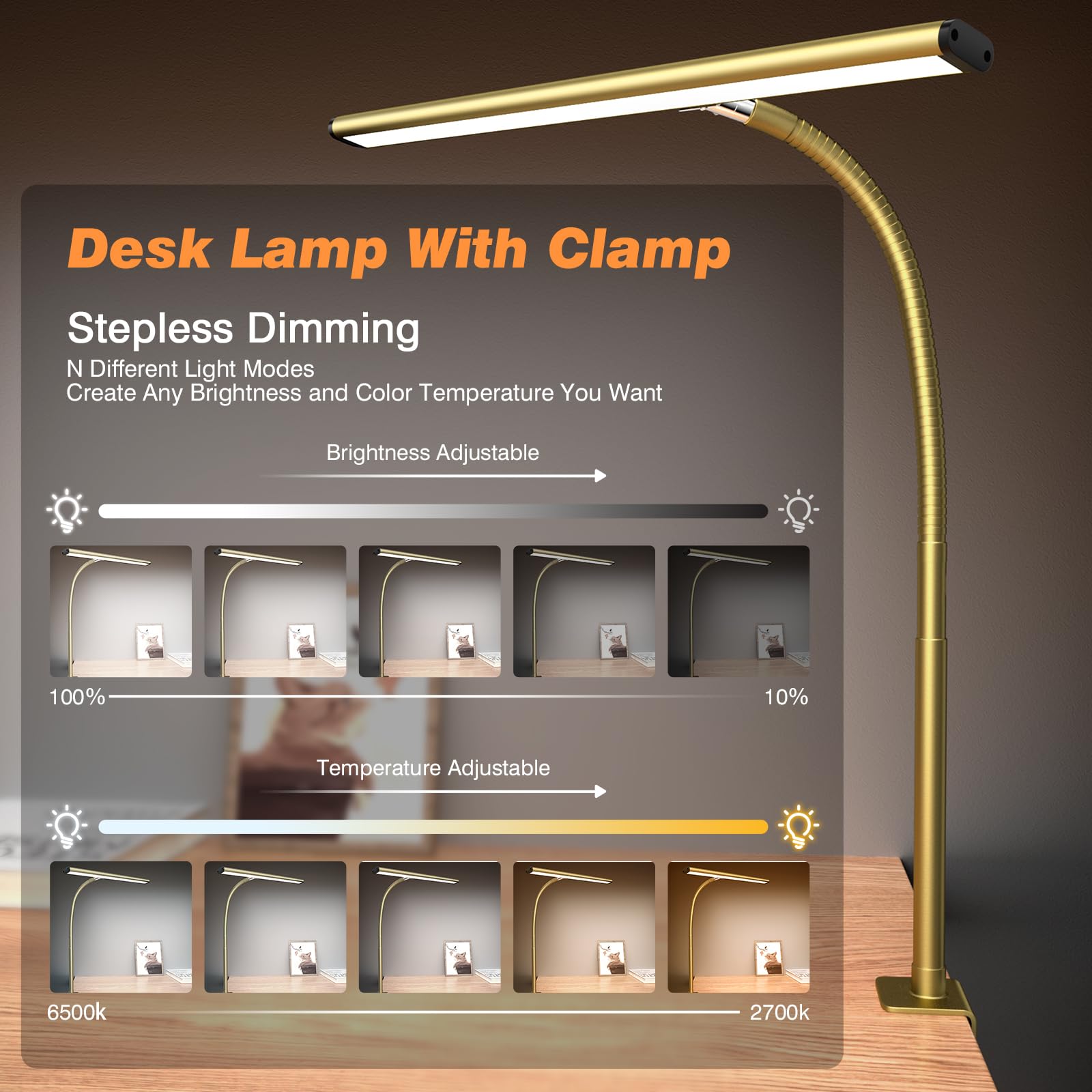 Airlonv LED Desk Lamp with Clamp, 17" Stepless Dimming Light, Gold view 2