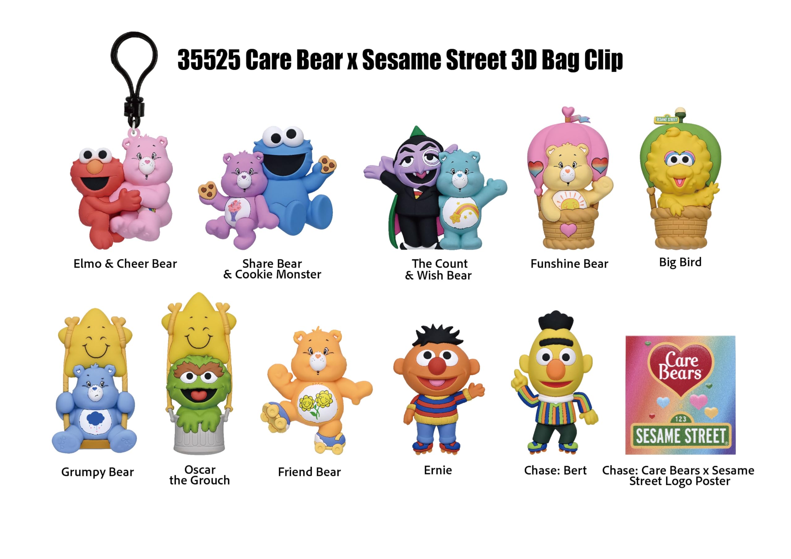 Care Bears x Sesame Street 3D piankowy klips do torby, seria 1 – torba ślepa (jedna losowa figurka) – brelok z postacią CloudCo x Sesame Workshop / akcesorium do plecaka | oficjalny licencjonowany