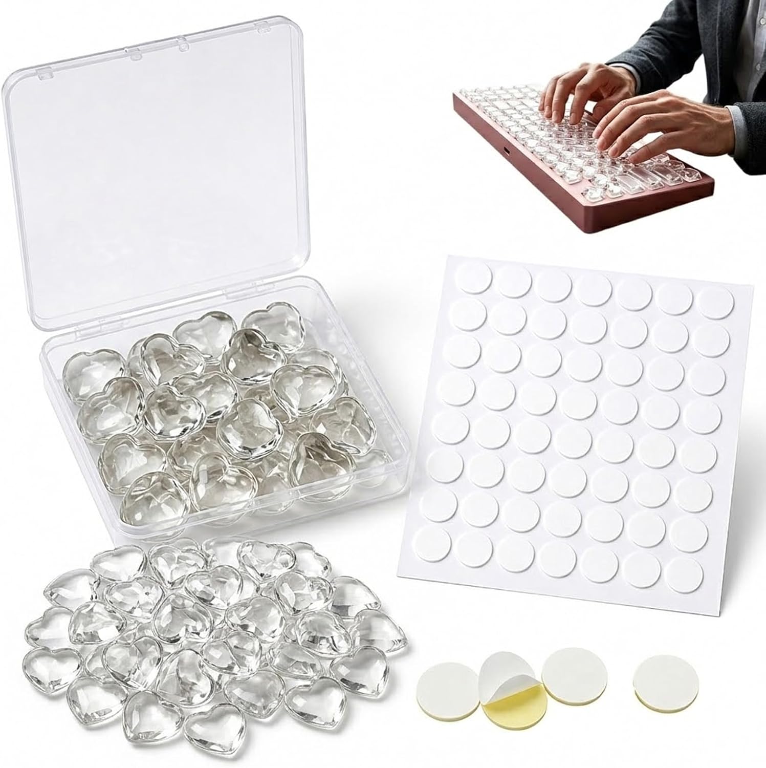 Keyboard Bubbles for Long Nails, 60 Pcs Clear Raised Heart Key Covers, 60 Pcs Round Adhesive Stickers and 1 Square Box, Universal Keyboard Stickers for Desktop Keyboards, Calculators