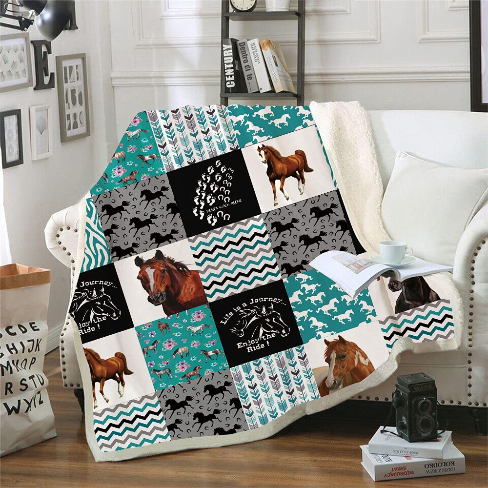 CAJOY Horse Blanket Personalized Western Cowboy Splicing Fleece Sherpa Throw Blanket All Season Plush Blankets Couch Sofa Throws Cartoon Farm Animals Horse Gifts for Teenage(Horse (50''x60''))