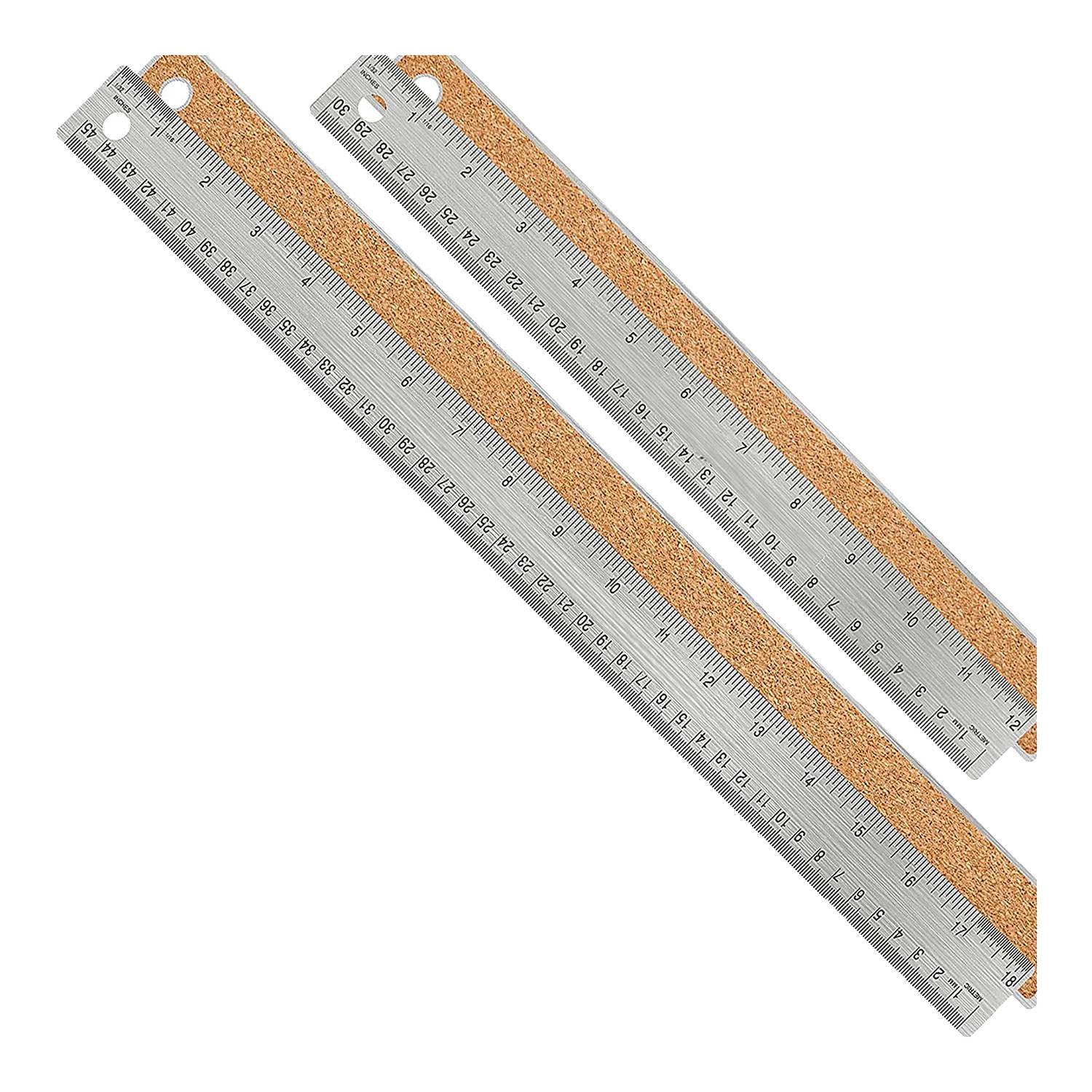 Jaywool Metal Ruler Non-Slip Ruler with Cork Backing:(12+18 Inch) Stainless Steel Ruler Non-Slip Rulers with Inch and Centimeters