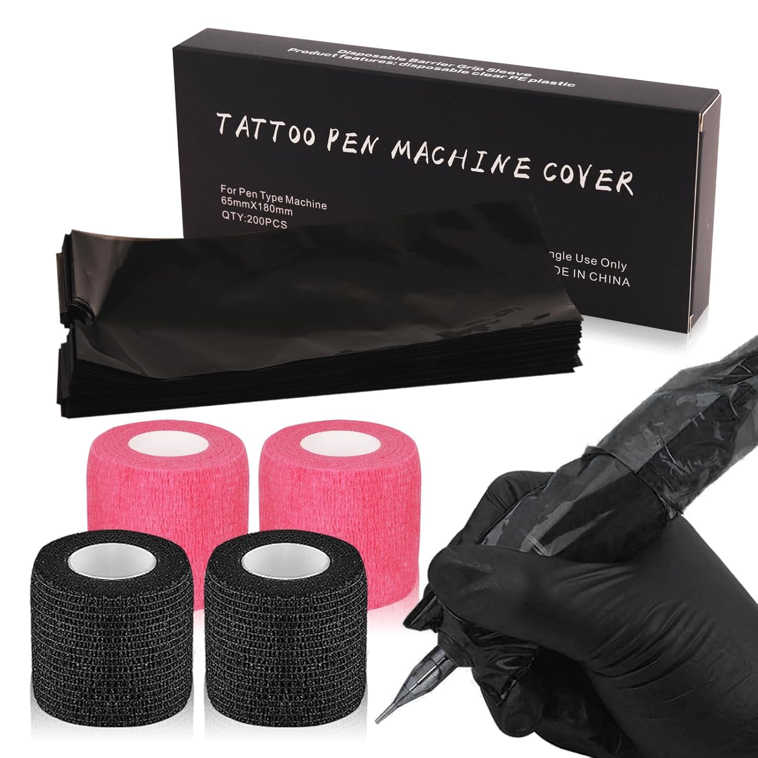 Tattoo Grip Tape und Tattoo Stift Taschen Zubehör Set 204 Stück, Rayyl 200 Stück Tattoo Einweg Pen Cover und 4 Rollen Tattoo Griff Bandage für Tattoo Zubehör (Schwarz und Pink)