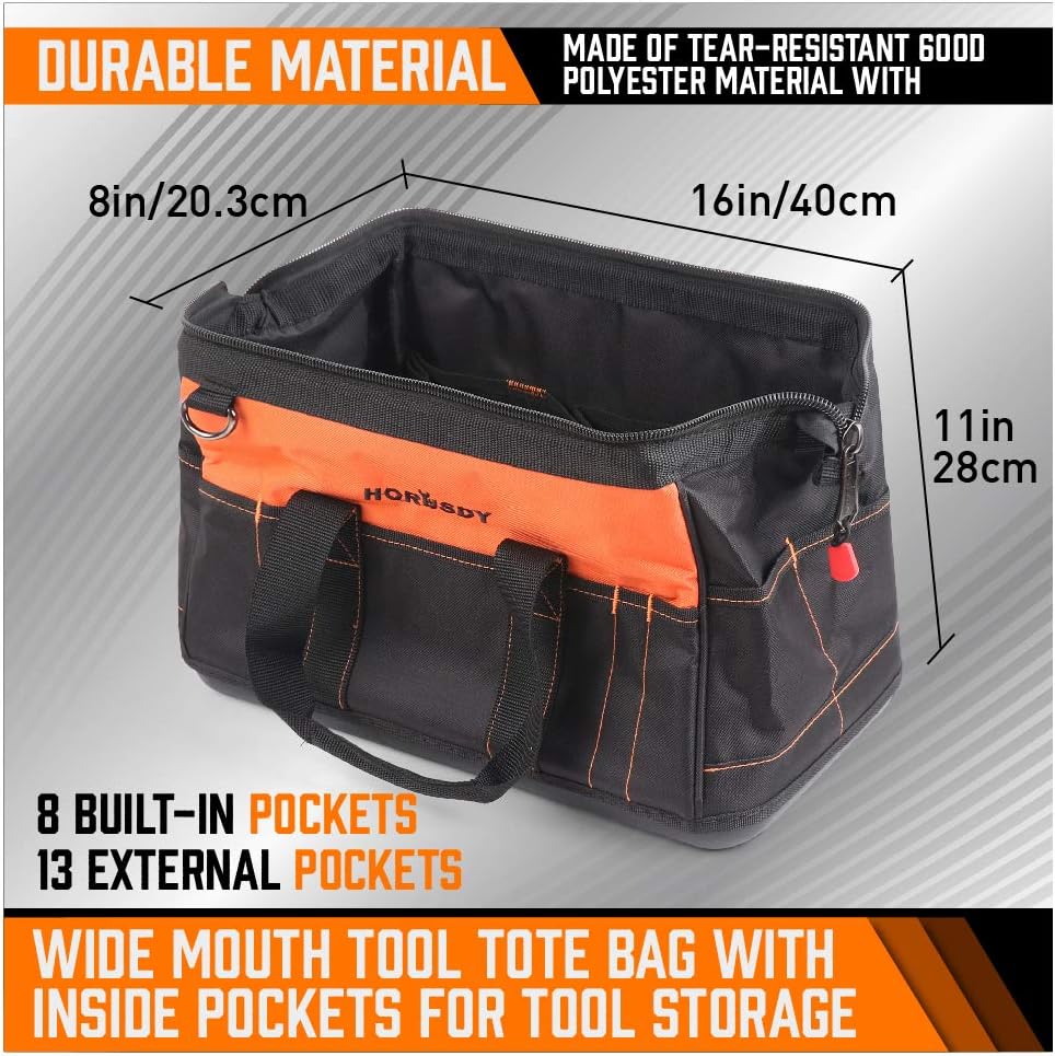 HORUSDY 16-inch Wide Mouth Tool Bags for Men, Wear-Resistant Base, Waterproof, Pockets for Tool Storage : Tools & Home Improvement