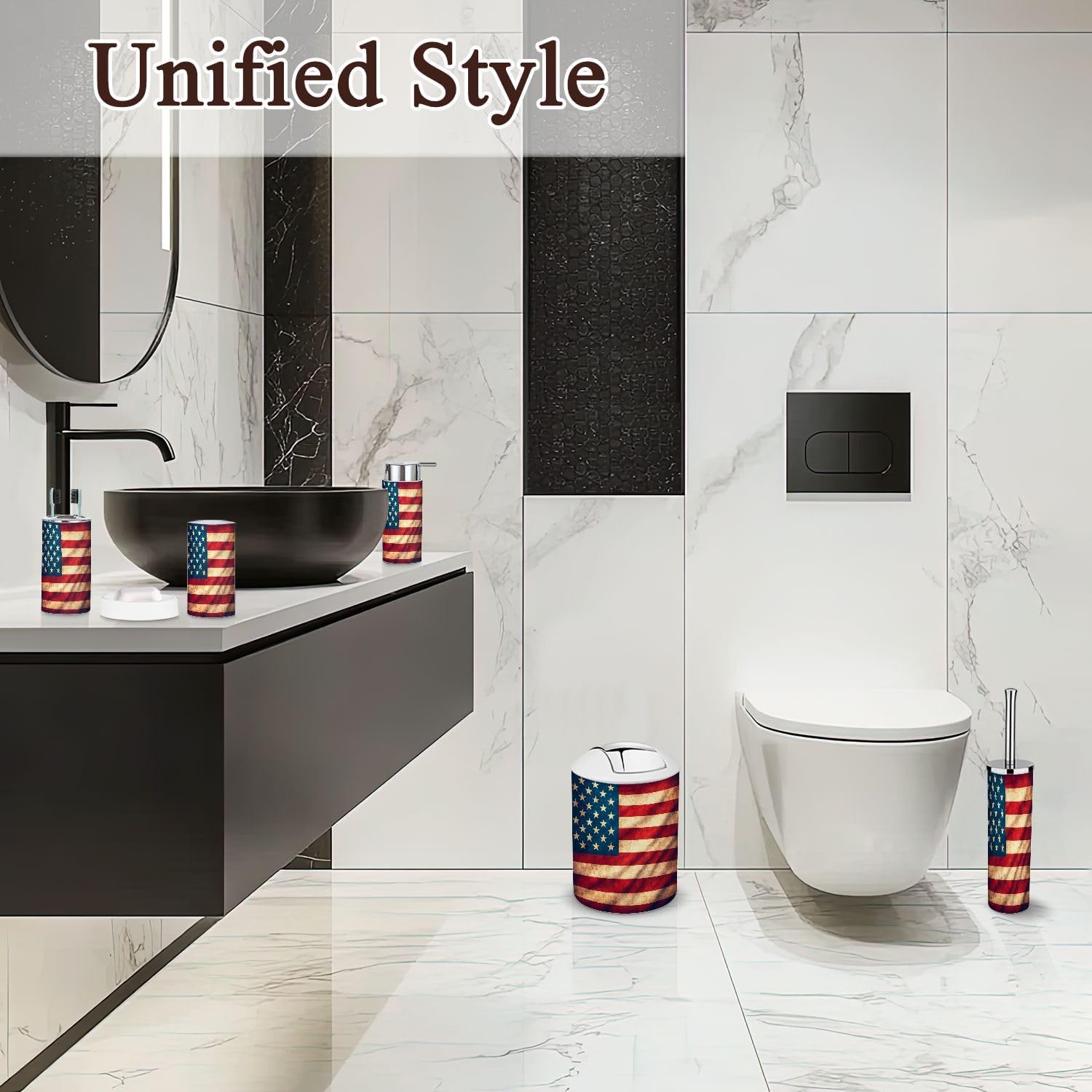 Bathroom Accessory Set 6 Piece American Flag Retro Grunge Stars Stripes Red White Color Scheme Blue Trash Can, Toothbrush Holder, Toothbrush Cup, Toilet Brush, Soap Dispenser, Soap Dish