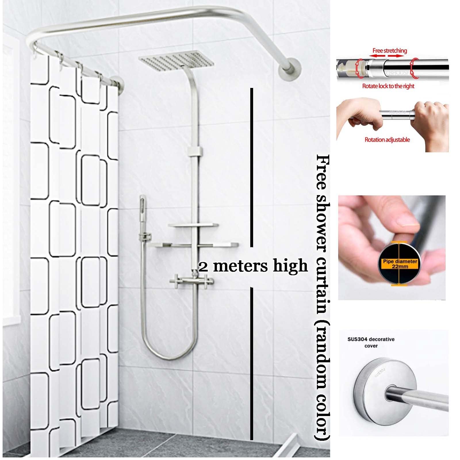 Barre de Rideau de Douche d'angle incurvée en Forme de U, réglable, sans perçage, antirouille, pour Salle de Bain, Baignoire, Cabine d'essayage de vêtements (Dimensions : 90 x 110 x 90 cm)