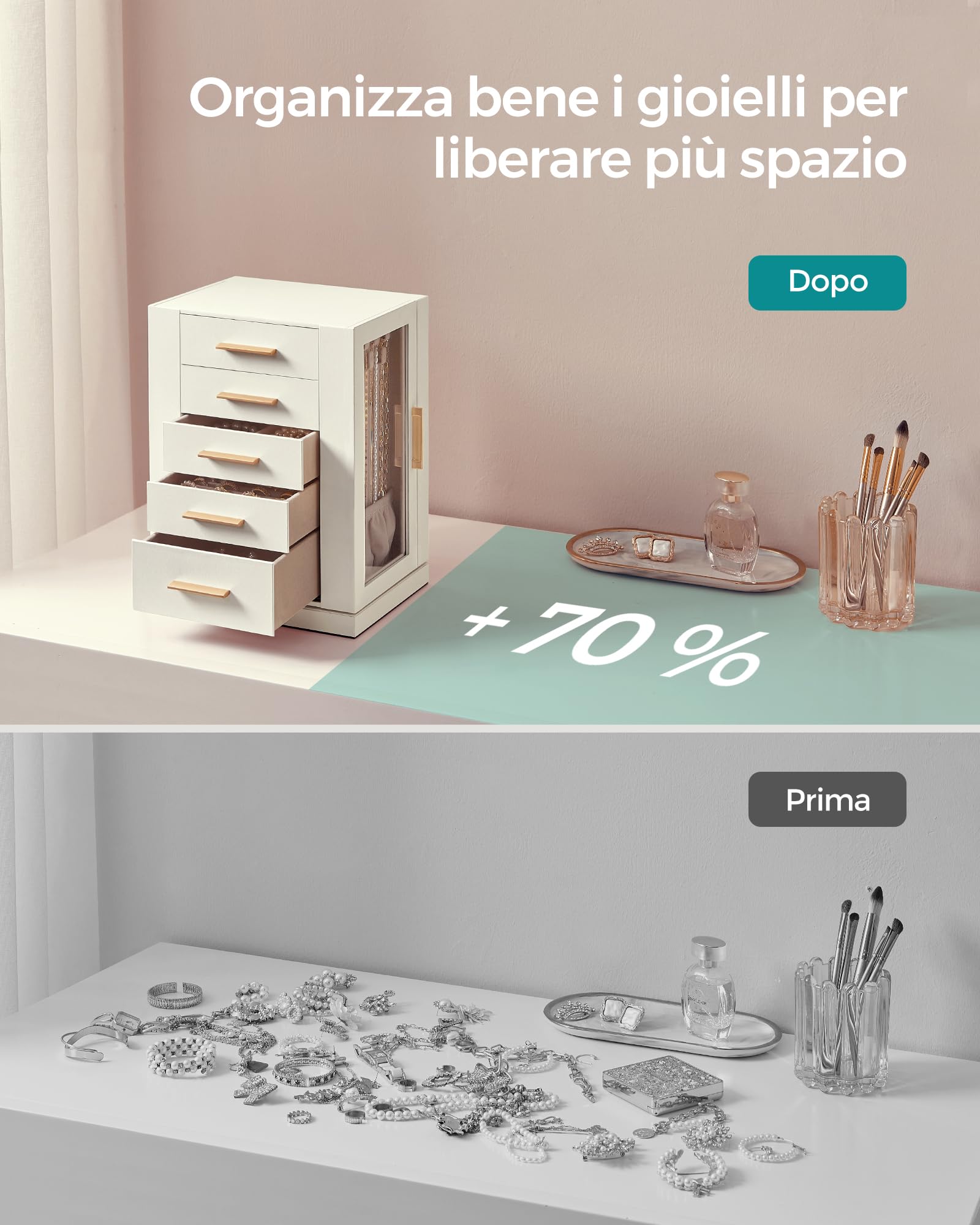 SONGMICS GISELLA Collezione - Scatola Portagioie Girevole a 360°, Porta Gioielli Verticale con 5 Cassetti, Finestre in Vetro, Capiente, Design Aperto, Idea Regalo, Bianco Nuvola JBC170W01