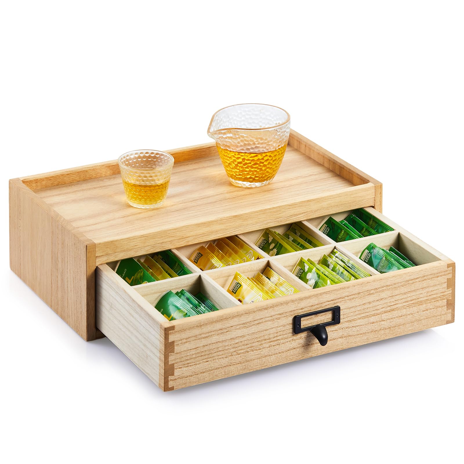 KIRIGEN Boîte à thé en bois massif avec tiroir - 8 compartiments - Boîte de rangement pour sachets de thé avec poignée en métal - Pour cuisine et bureau - Naturel