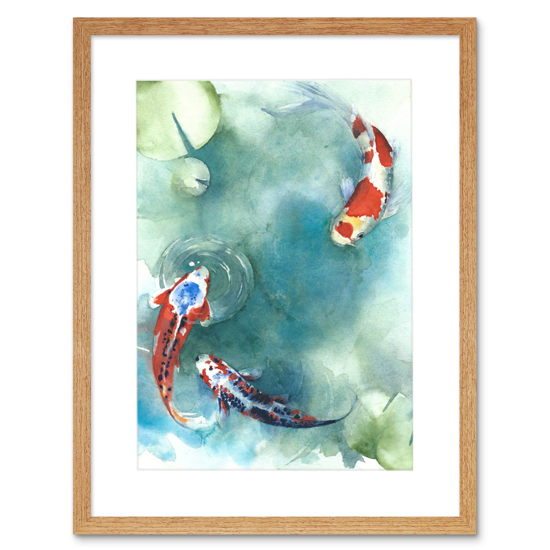 Wee Blue Coo Japanese Koi Fish With Lilies Art Print Framed Poster Wall Decor 12x16 inch