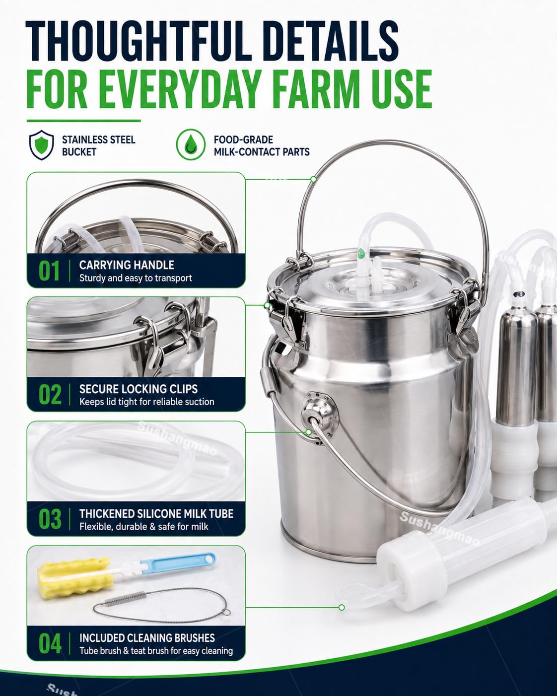 Mungitrice Elettrica 5L/10L per Mucche e Pecore 10L-Cattle | Batteria 5200mAh Senza Fili e Rete, Valvola a Galleggiante Auto-Stop e Secchio Inox per Piccole Fattorie