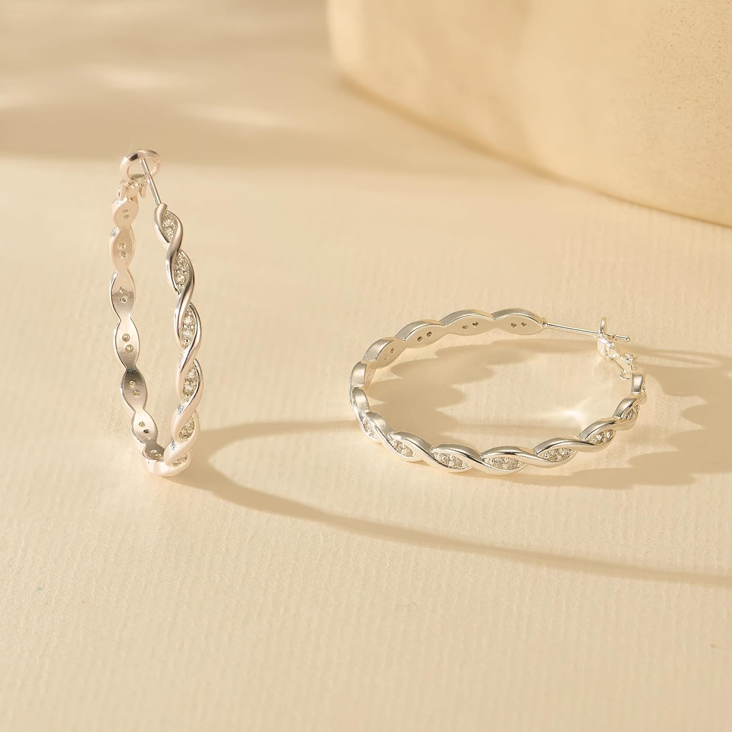 RANKEEF Large Twisted Hoop Earrings for Women with Shiny Cubic Zirconia Hypoallergenic 925 Sterling Silver Post Forever Love Hoops Trendy 3D Laser-Cut Sturdy Lightweight Big Twisted Gold Hoops - Image 7