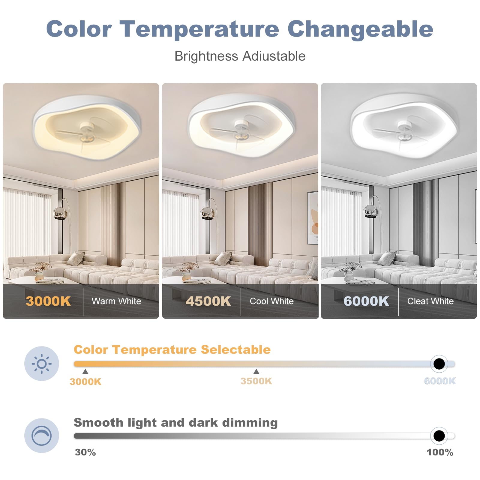 Plafoniera con Ventilatore, Lampada a LED silenziosa con 3 Colori, dimmerazione Continua, Timer a 6 velocità per Camera da Letto, Soggiorno, Sala da Pranzo (Dimensioni: 50