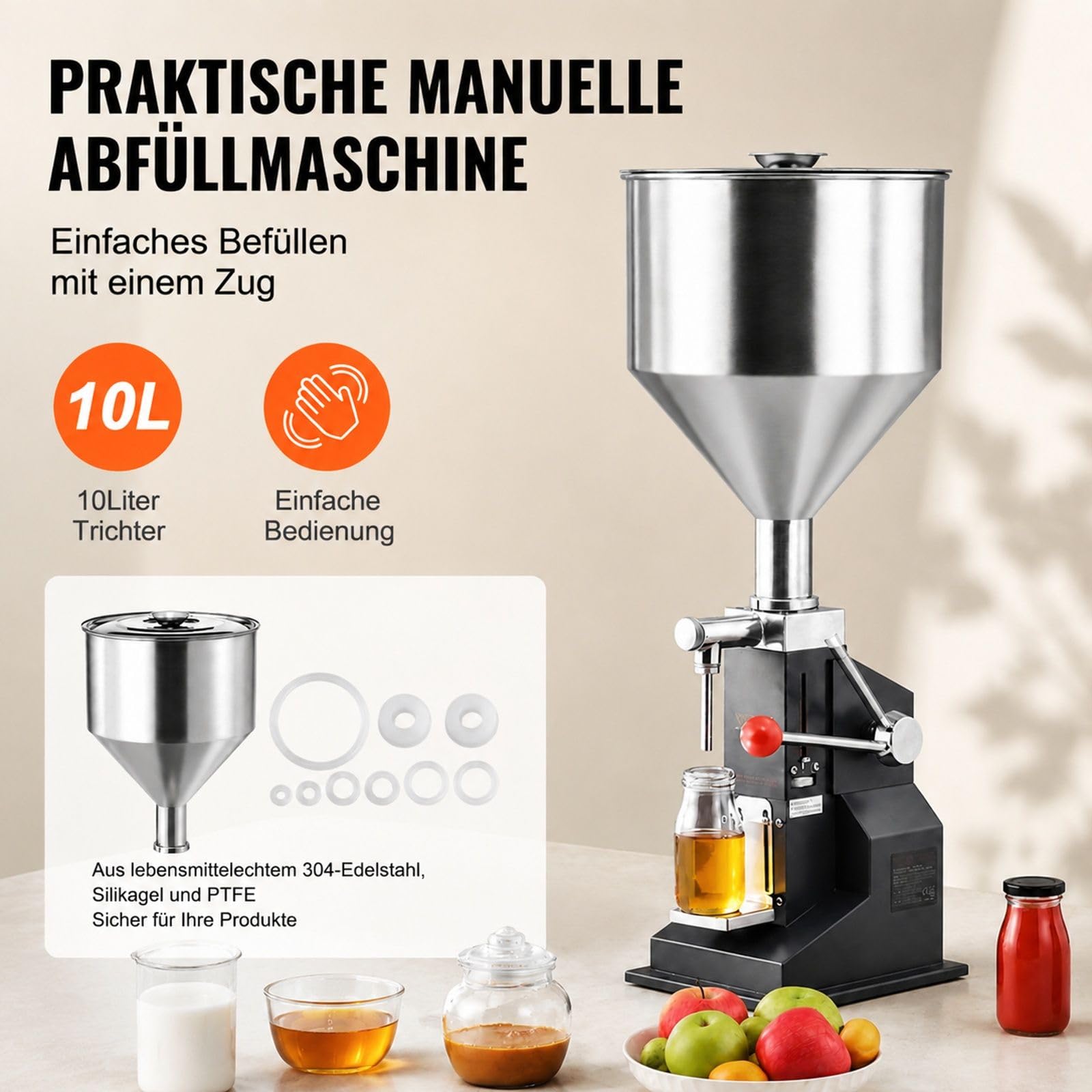 Manuelle Abfüllmaschine für Flüssigkeiten und Pasten, verstellbarer Flaschenfüller mit Trichter, Edelstahl, für Milch, Wasser, Saft, ätherisches Öl, Shampoo, Honig, Kosmetikcreme